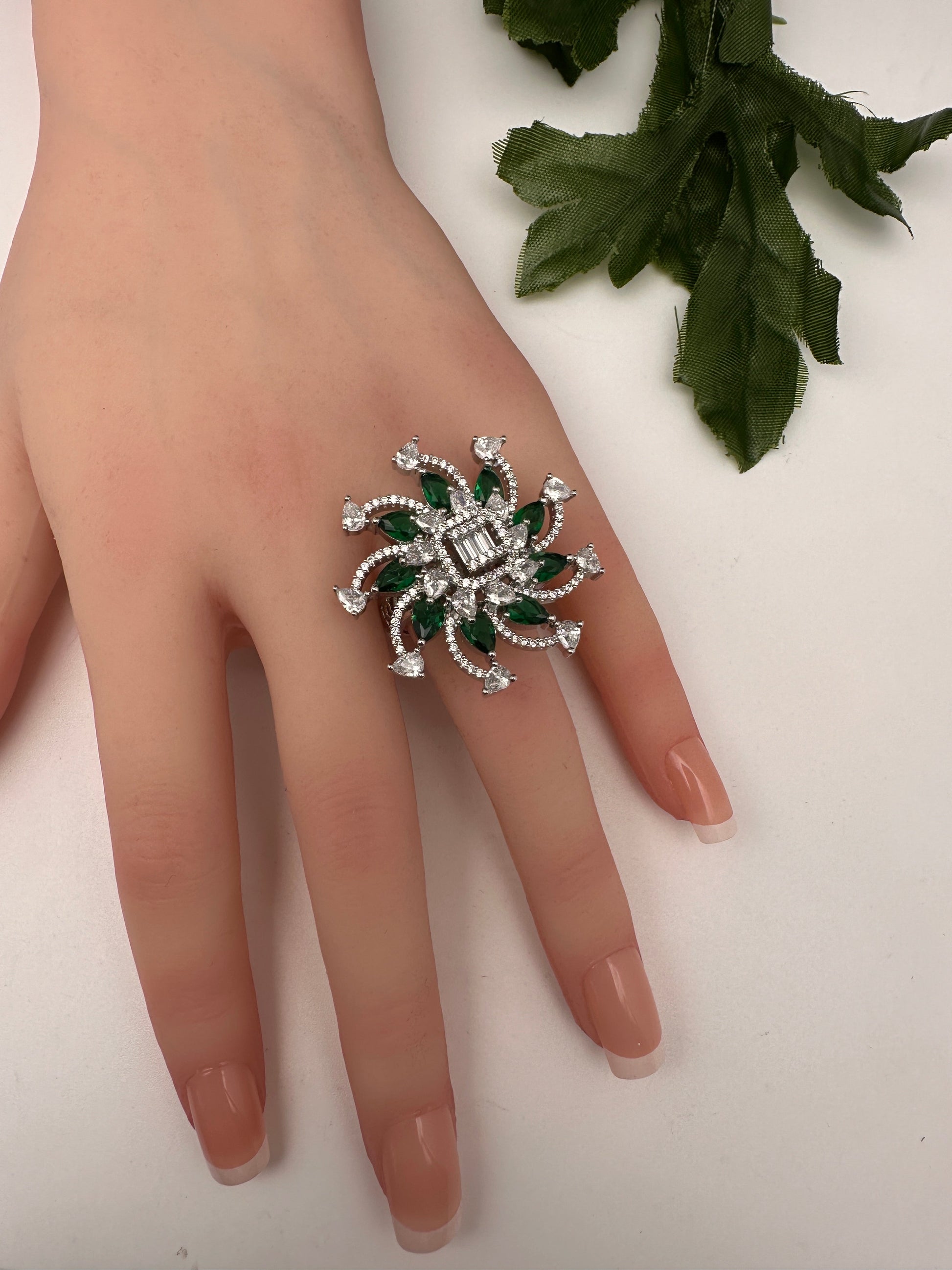AD Floral Silver Adjustable Color Stone Cocktail Ring - Green