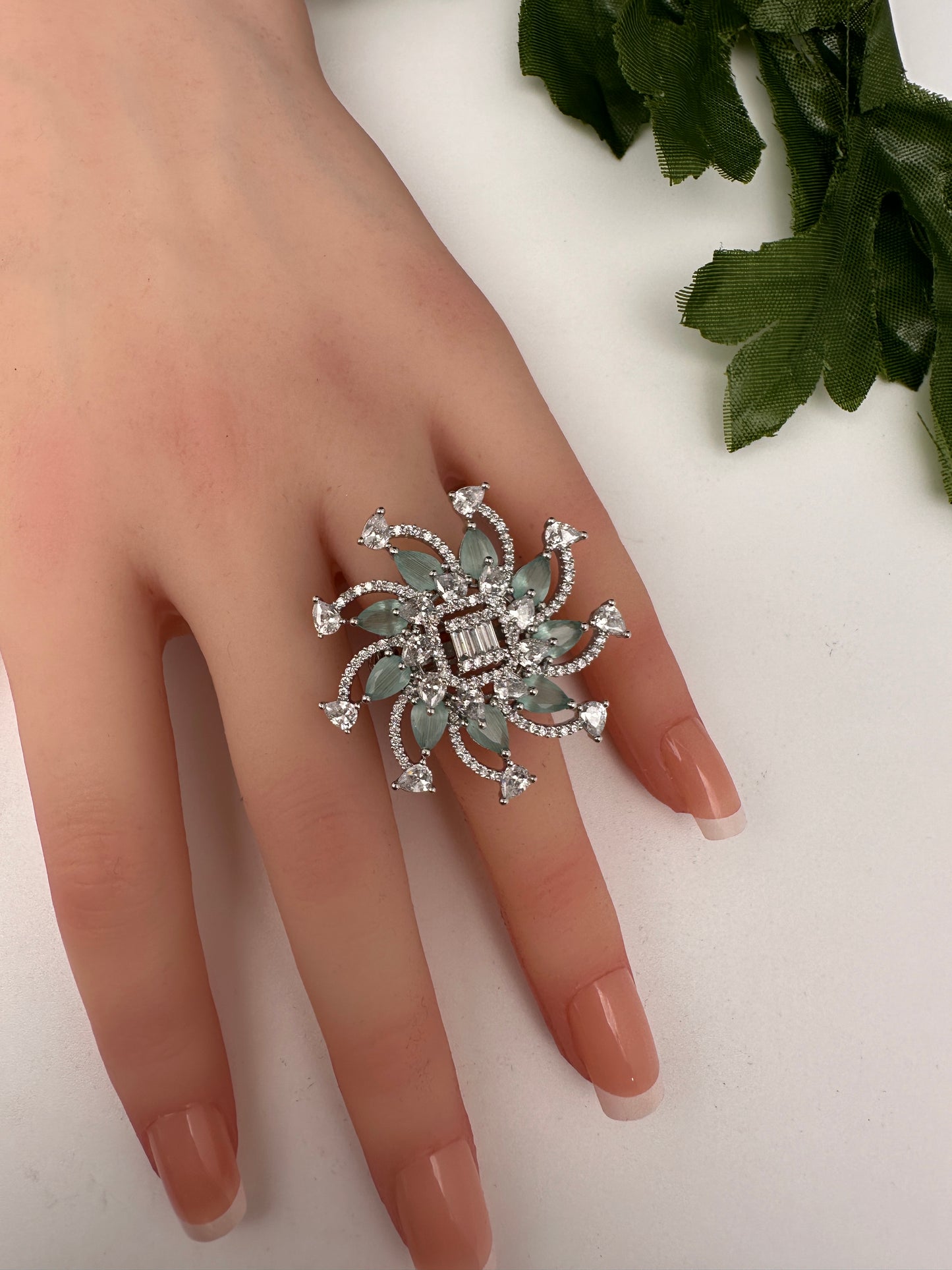 AD Floral Silver Adjustable Color Stone Cocktail Ring