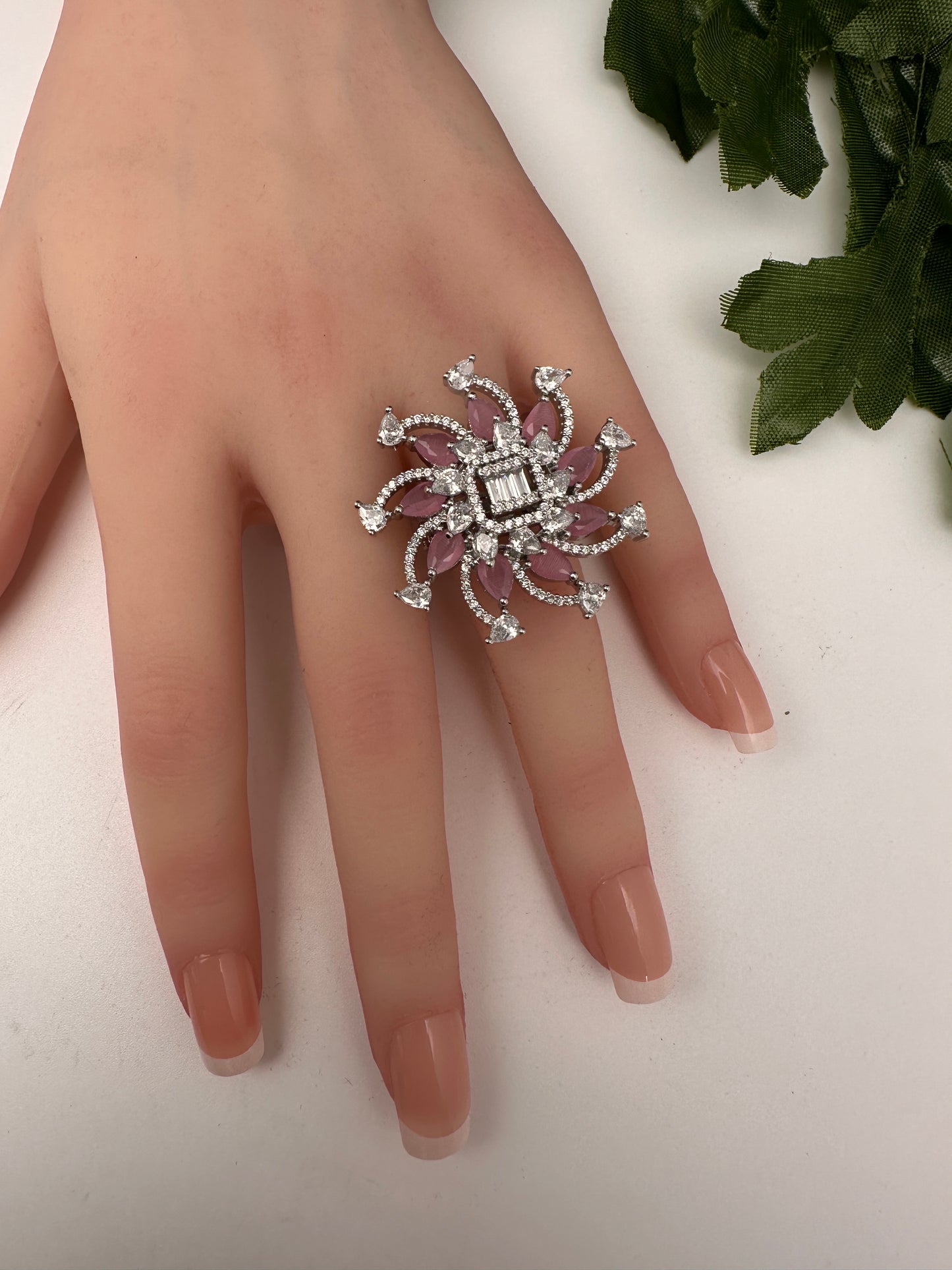 AD Floral Silver Adjustable Color Stone Cocktail Ring