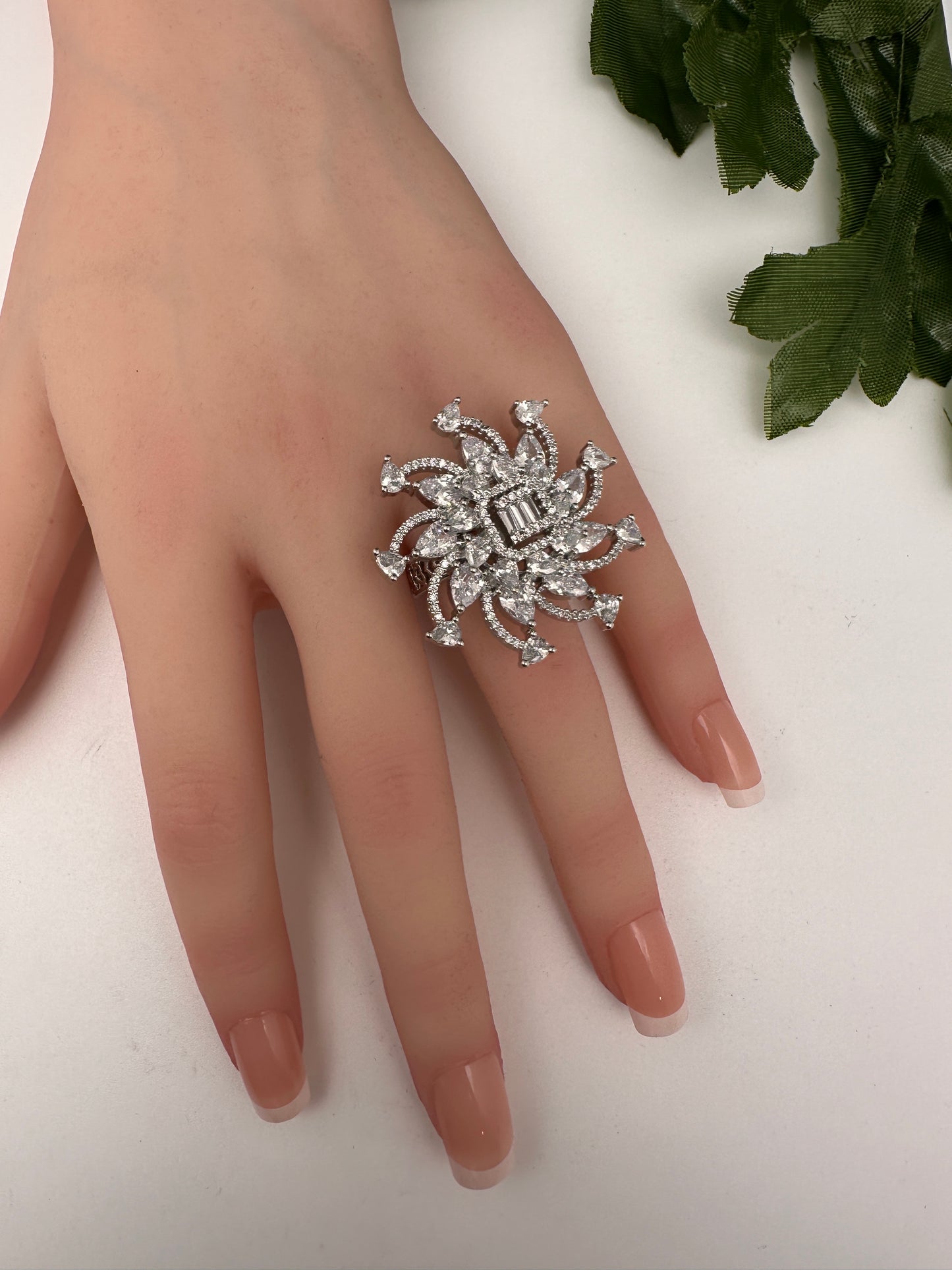AD Floral Silver Adjustable Color Stone Cocktail Ring