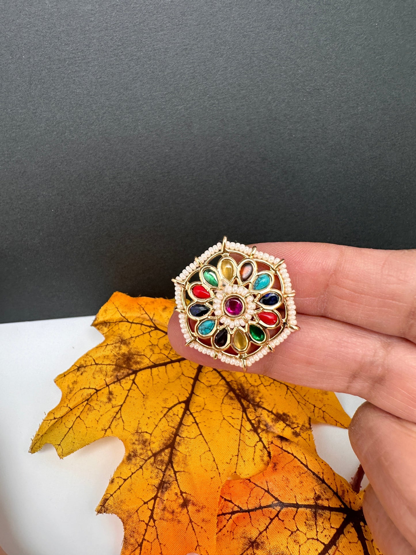Kundan Pearls Adjustable Color Stone Cocktail Ring - Red