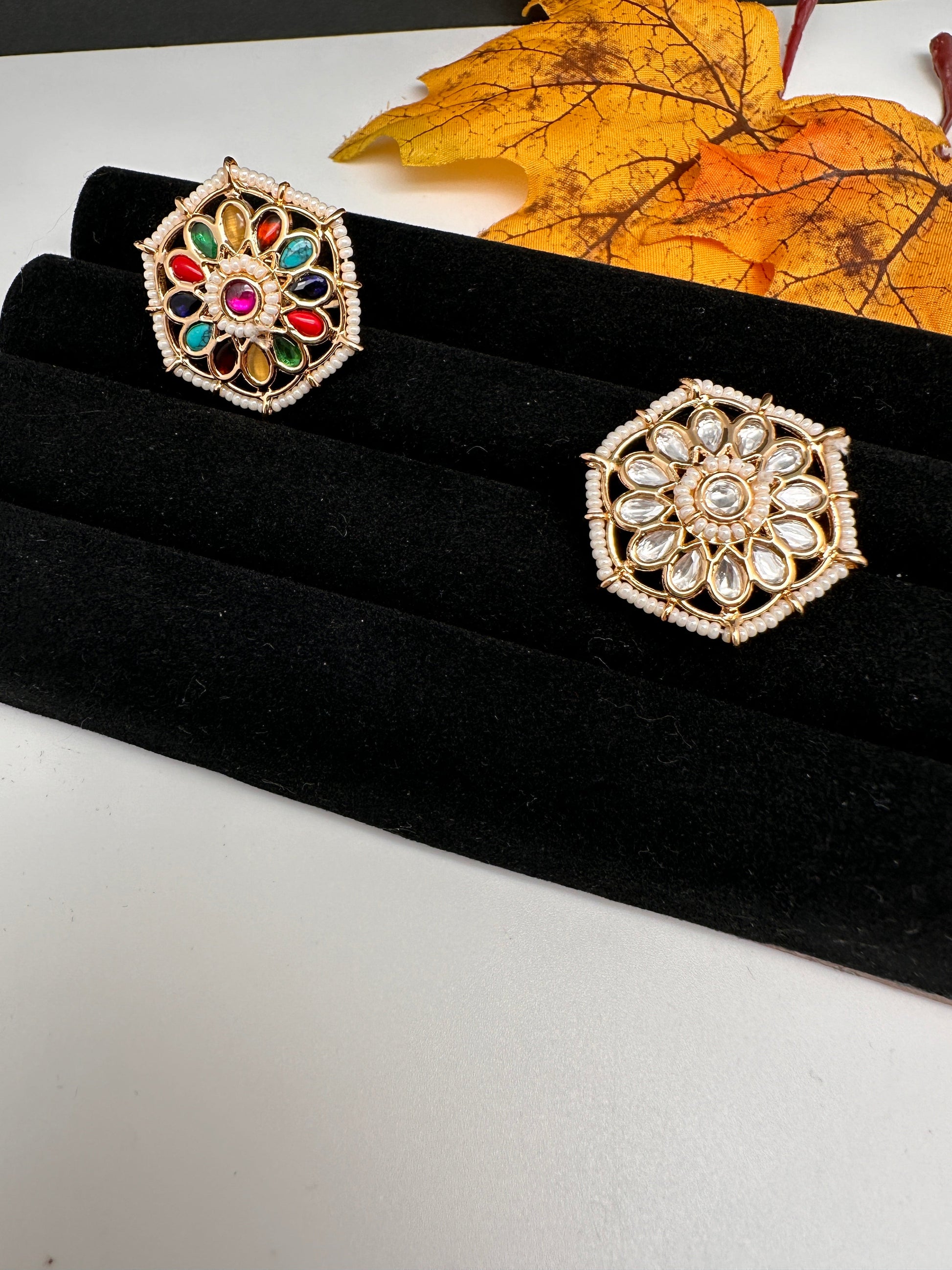 Kundan Pearls Adjustable Color Stone Cocktail Ring - Red