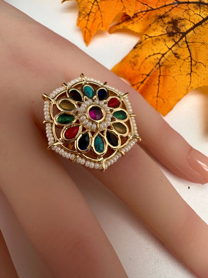 Kundan Pearls Adjustable Color Stone Cocktail Ring - Red