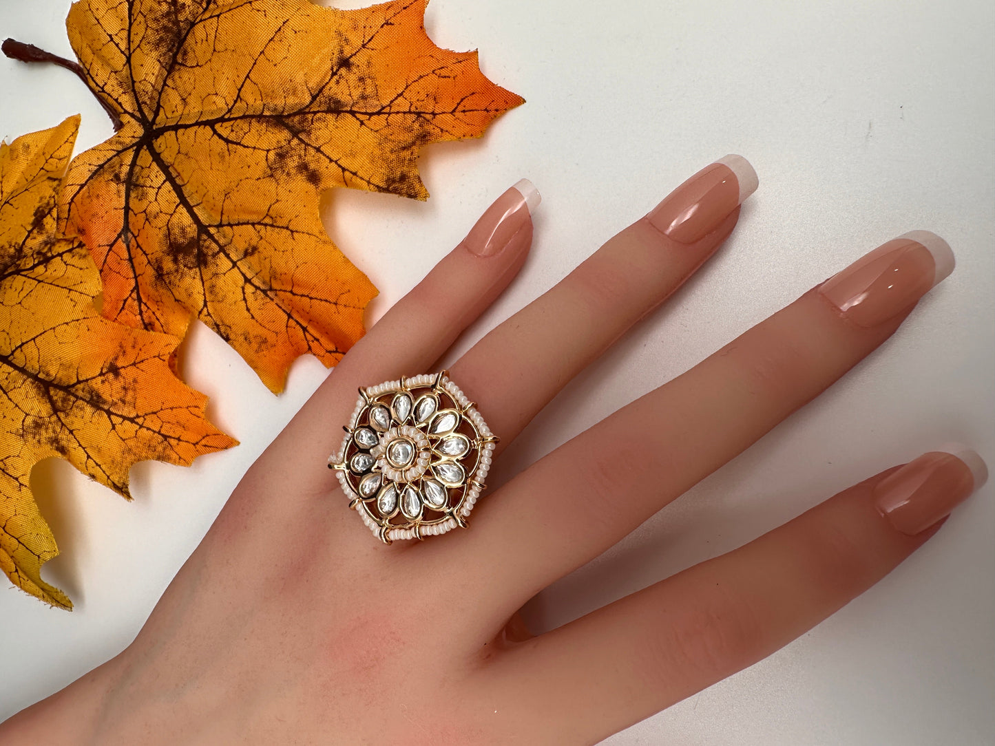 Kundan Pearls Adjustable Color Stone Cocktail Ring - White