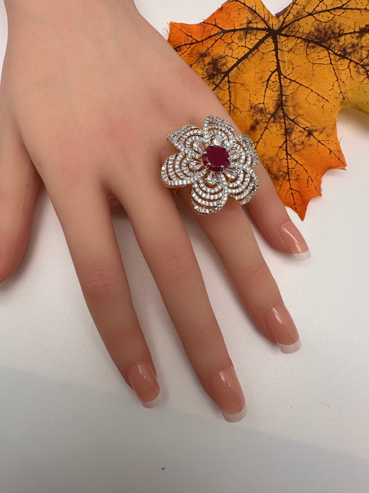 AD Floral Color Stone Adjustable Color Stone Cocktail Ring - Red