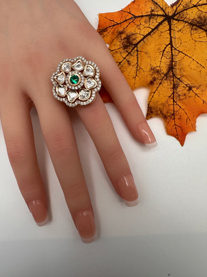 AD Kundan Color Stone Adjustable Color Stone Cocktail Ring - Green