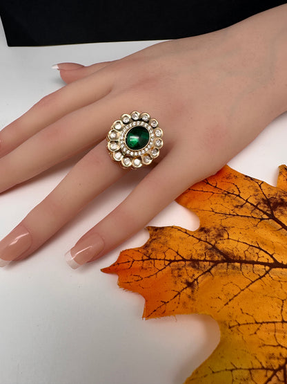 AD  Color Stone Adjustable Color Stone Cocktail Ring - Green