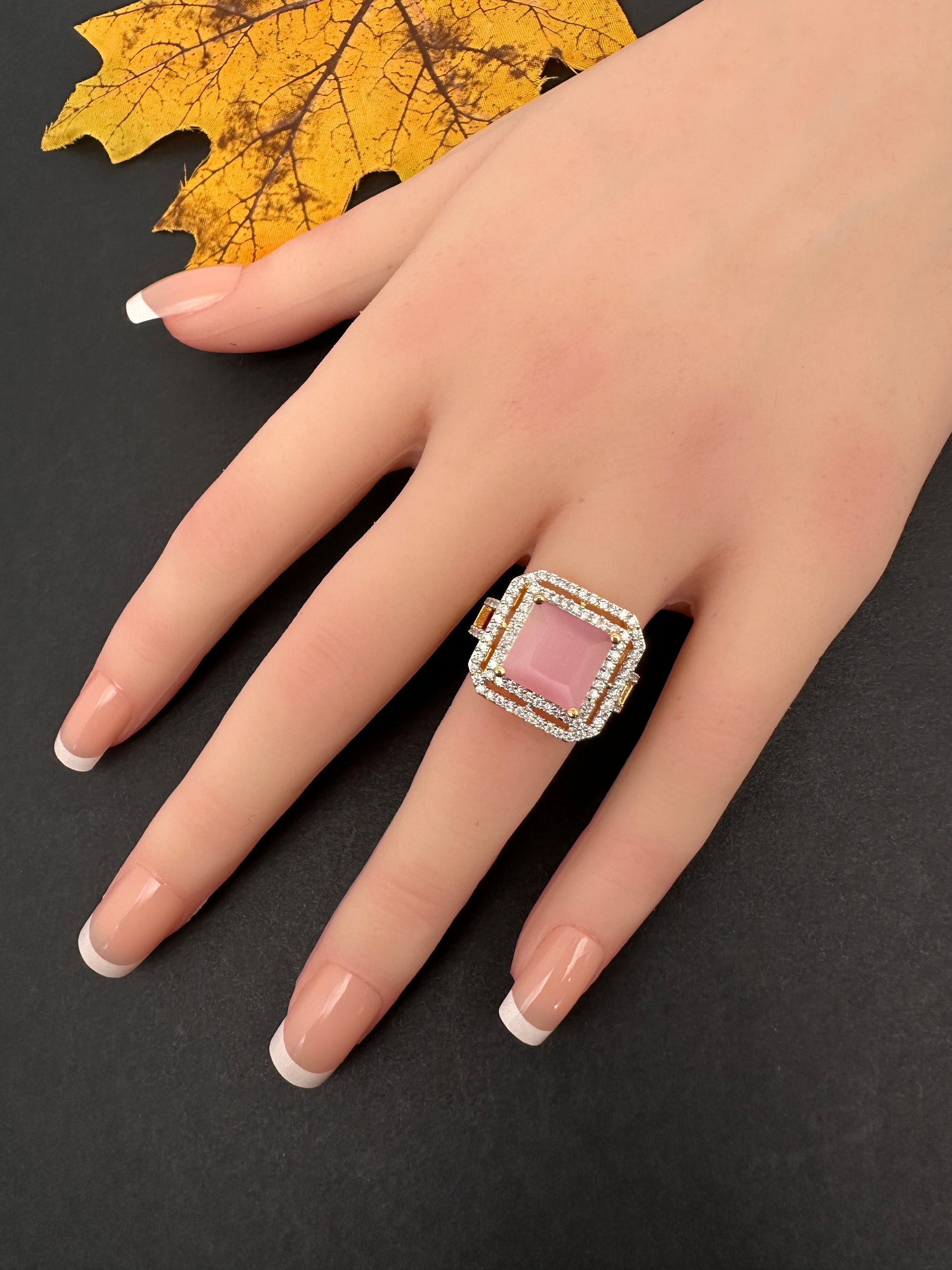 AD Color Stone Adjustable Color Stone Cocktail Ring - Pink