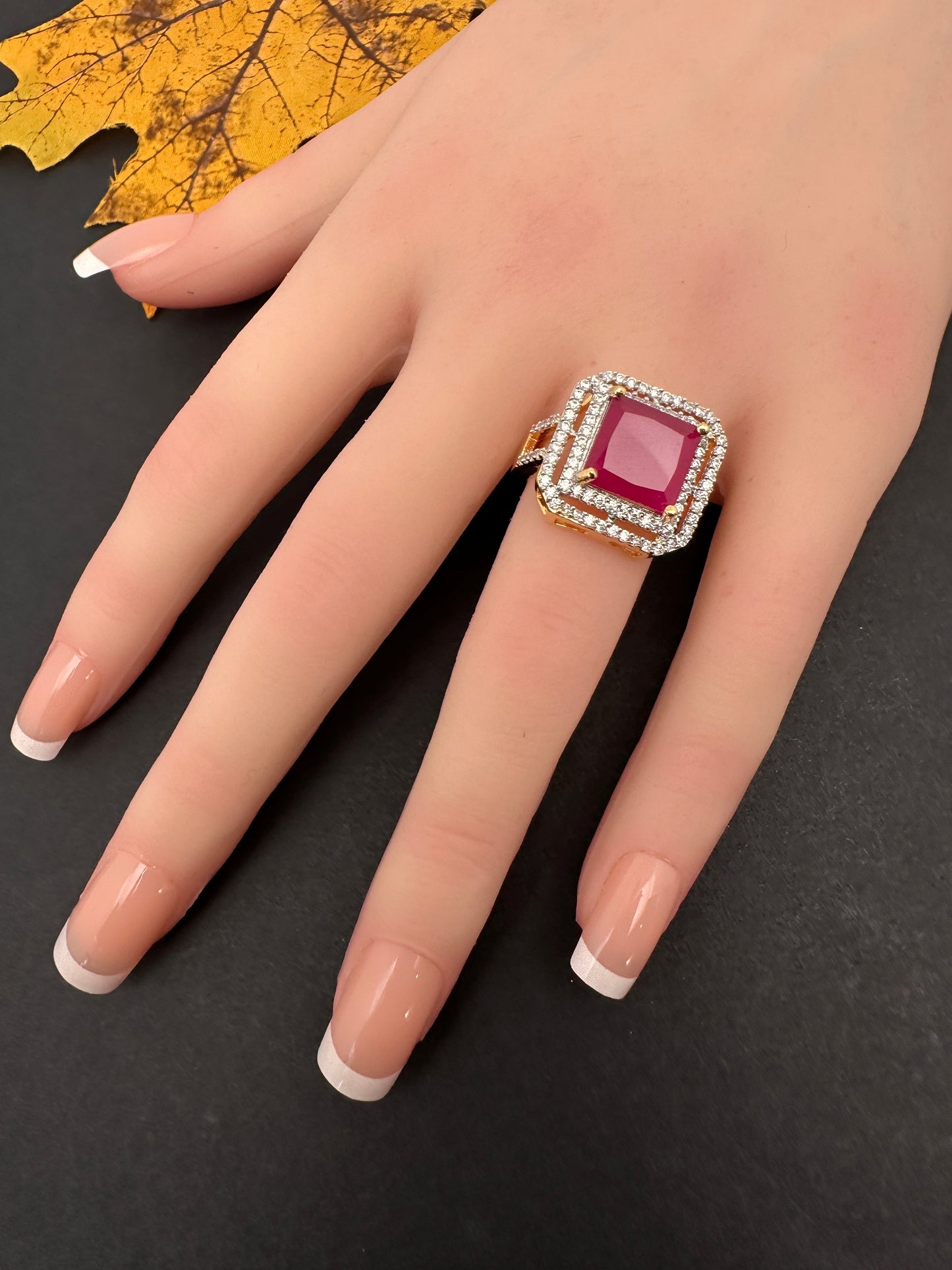 AD Color Stone Adjustable Color Stone Cocktail Ring - Red