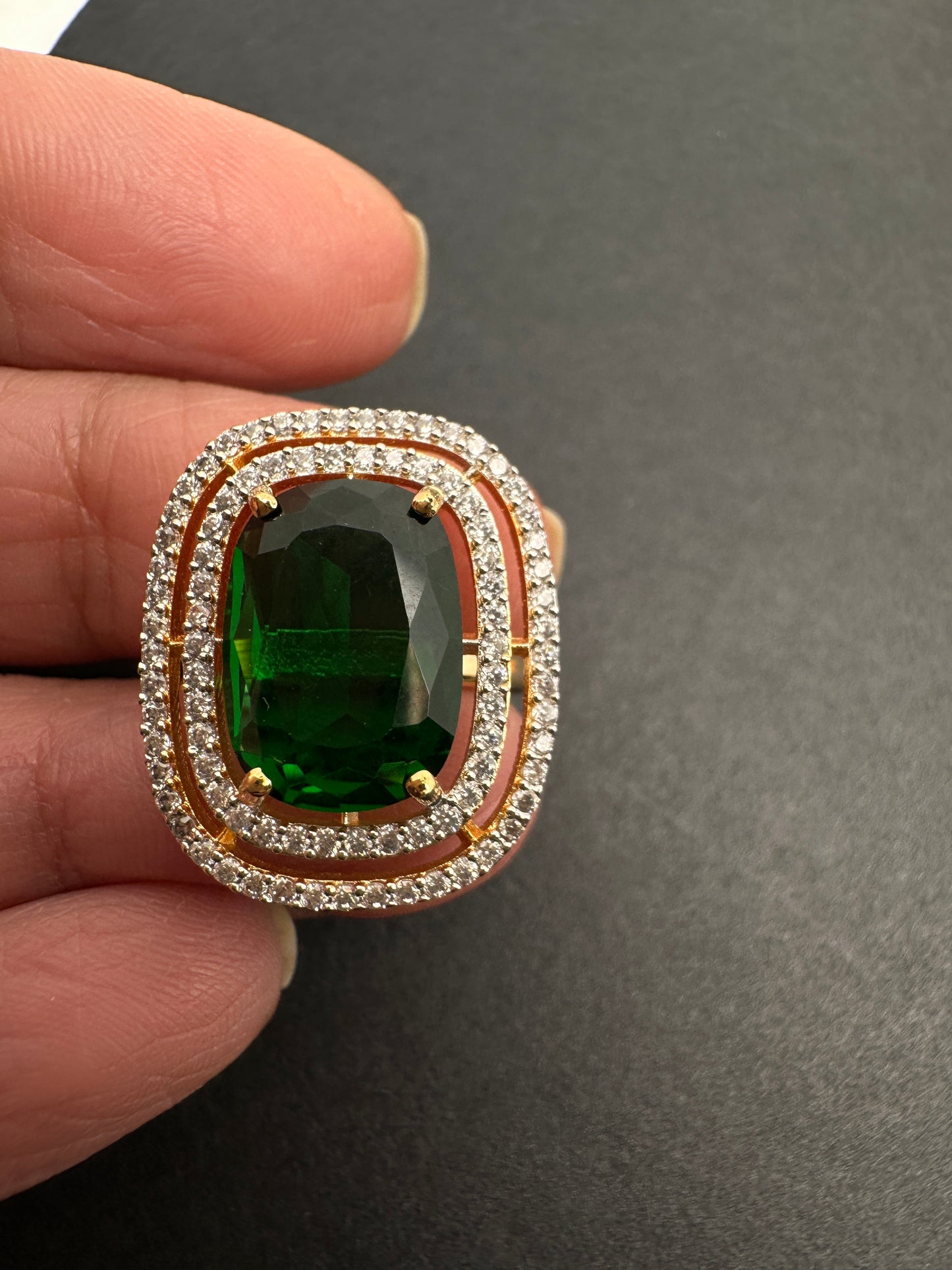 AD  Color Stone Adjustable Color Stone Cocktail Ring - Green