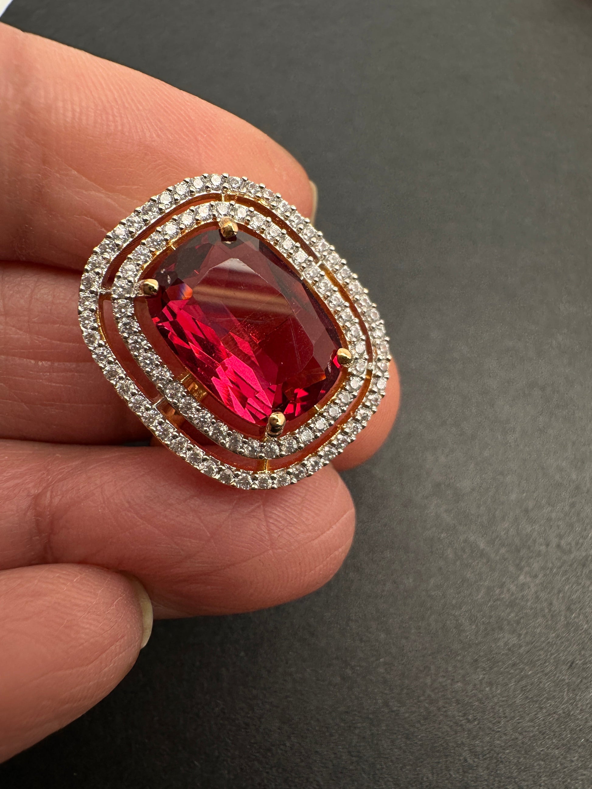 AD  Color Stone Adjustable Color Stone Cocktail Ring - Red