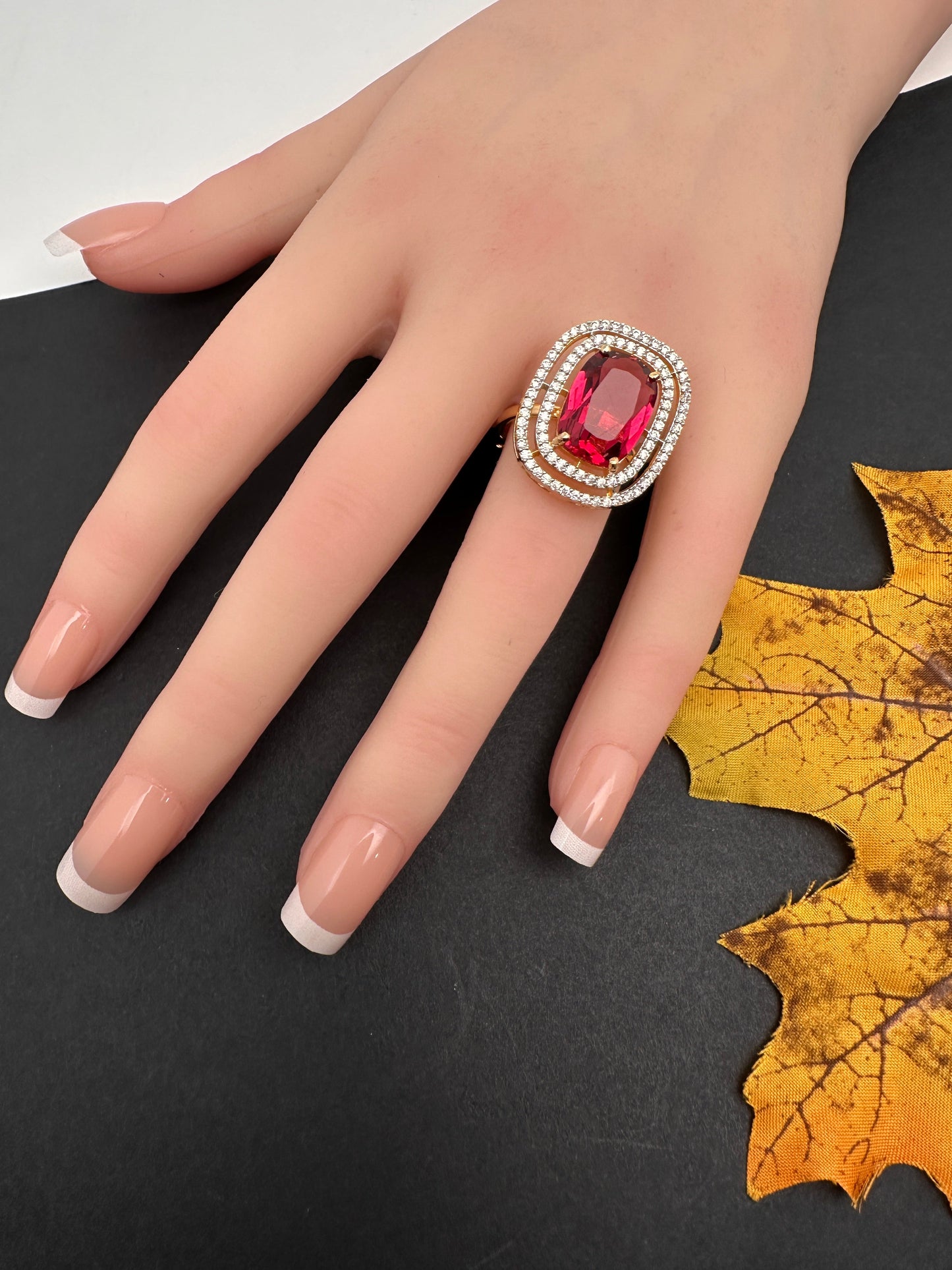 AD  Color Stone Adjustable Color Stone Cocktail Ring - Red