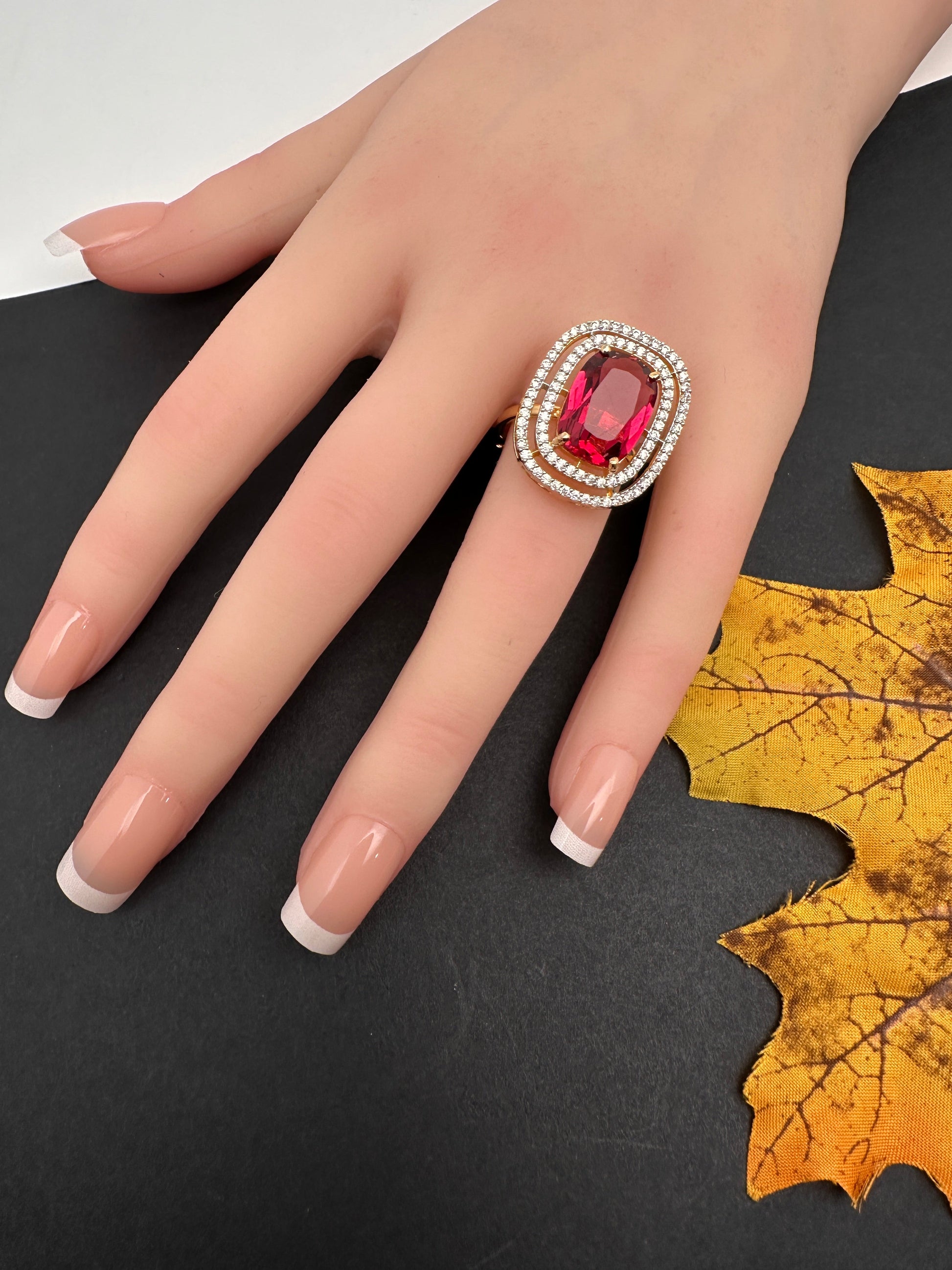 AD  Color Stone Adjustable Color Stone Cocktail Ring - Red