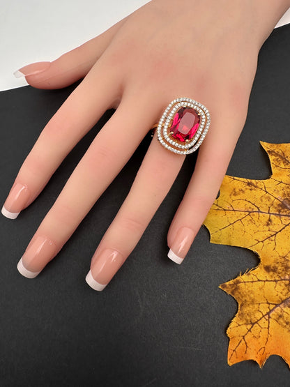 AD  Color Stone Adjustable Color Stone Cocktail Ring - Red