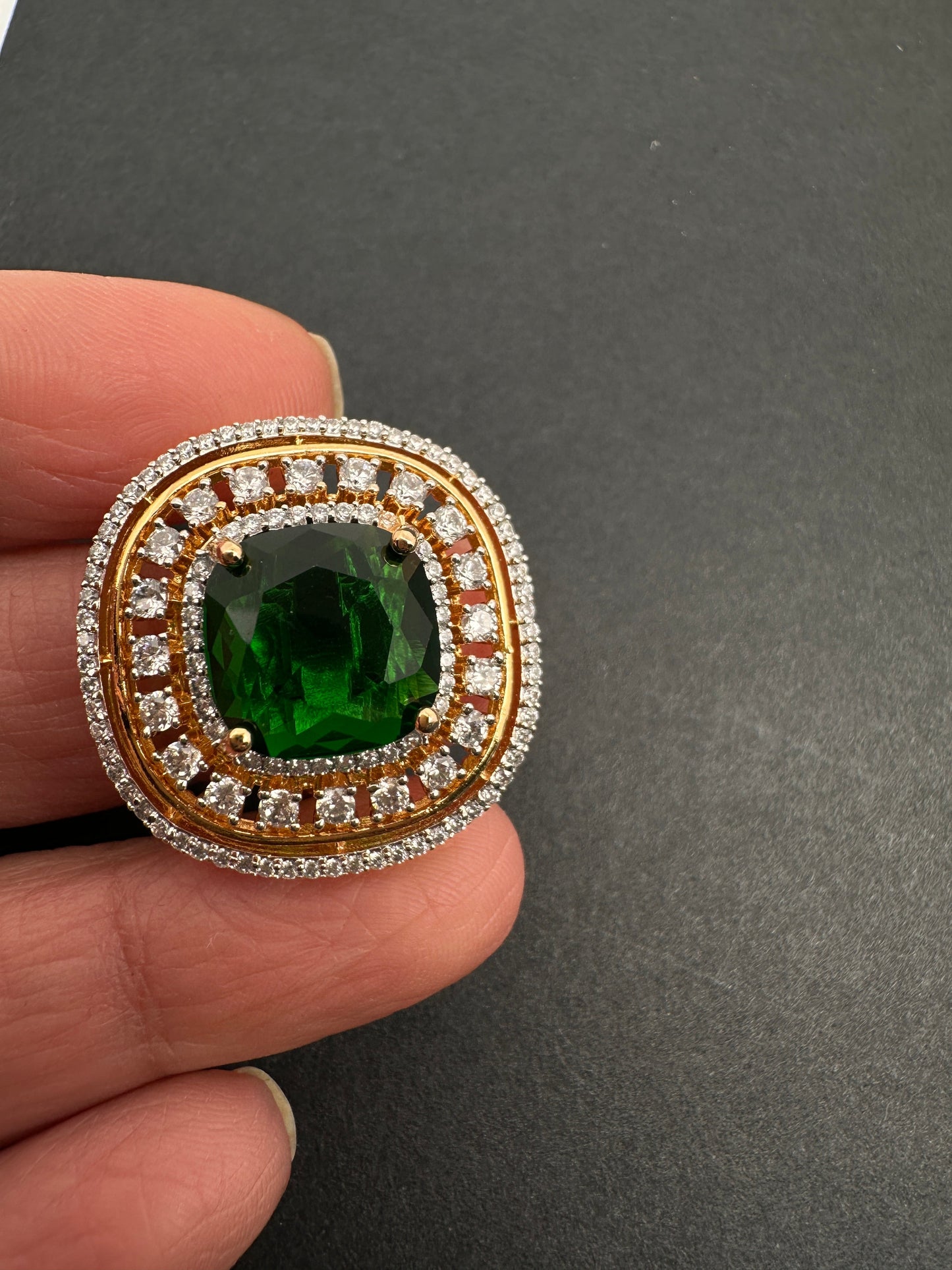 AD  Color Stone Adjustable Color Stone Cocktail Ring - Green