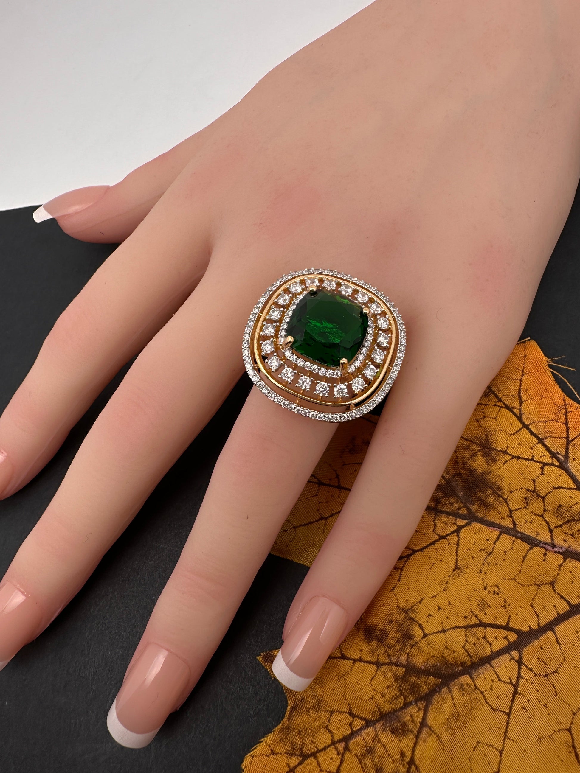 AD  Color Stone Adjustable Color Stone Cocktail Ring - Green