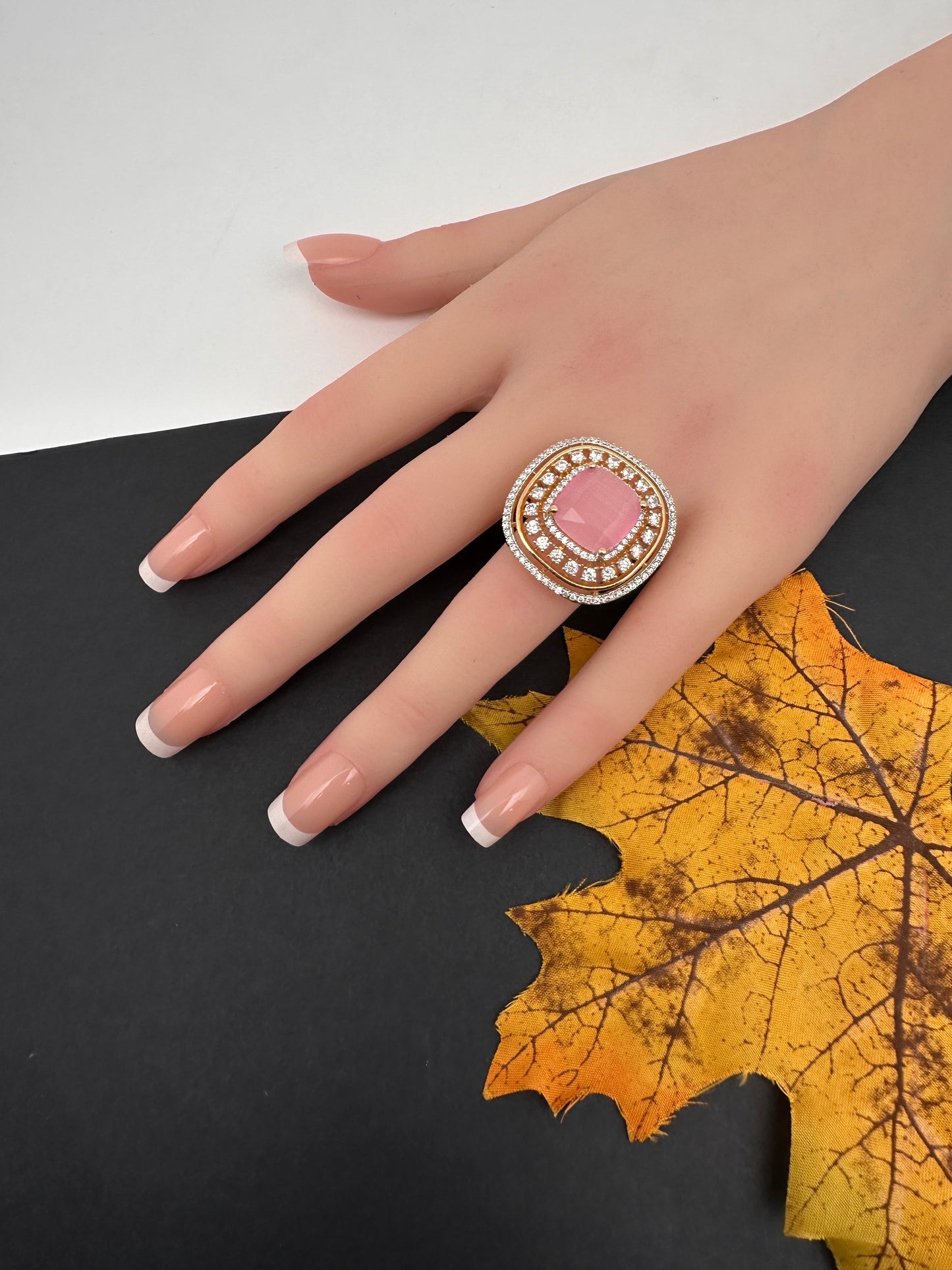 AD  Color Stone Adjustable Color Stone Cocktail Ring - Pink