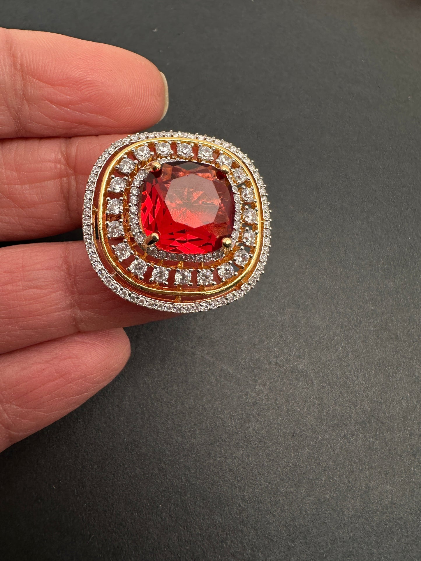 AD  Color Stone Adjustable Color Stone Cocktail Ring - Red