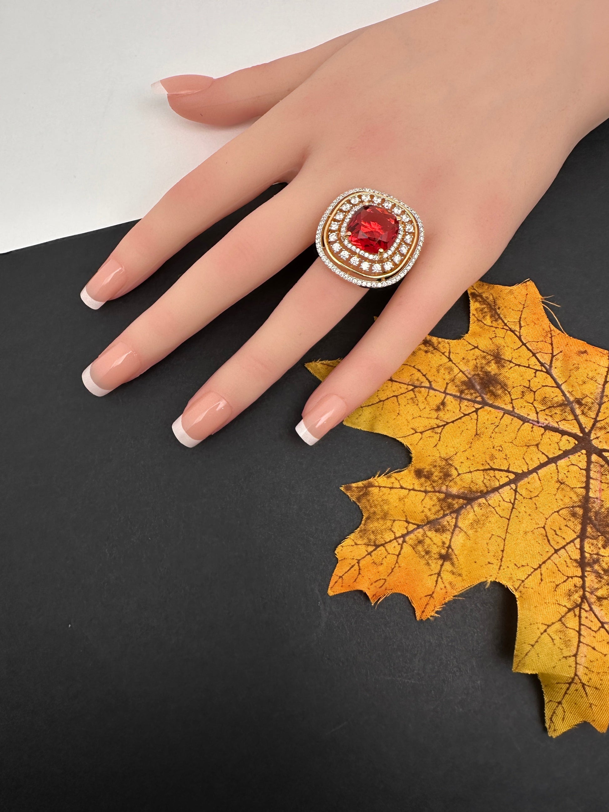 AD  Color Stone Adjustable Color Stone Cocktail Ring - Red