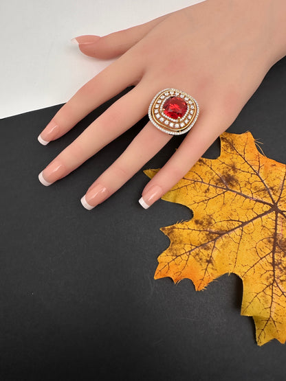 AD  Color Stone Adjustable Color Stone Cocktail Ring - Red