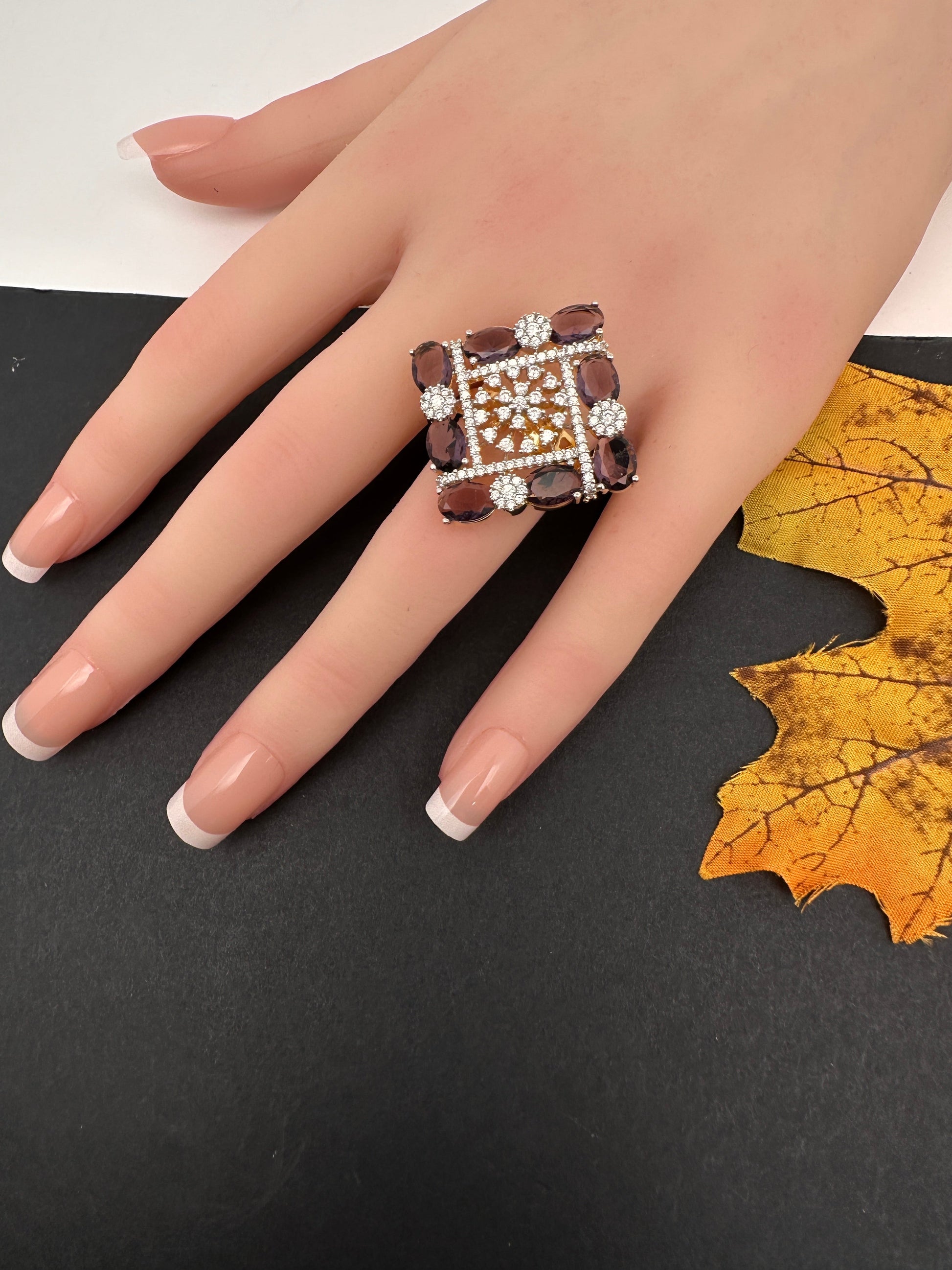 AD  Color Stone Adjustable Color Stone Cocktail Ring - Amethyst