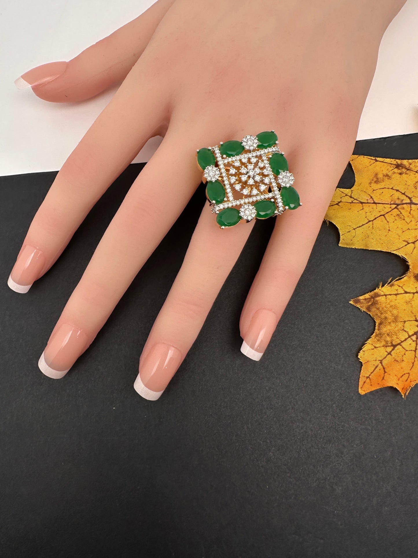 AD  Color Stone Adjustable Color Stone Cocktail Ring - Green