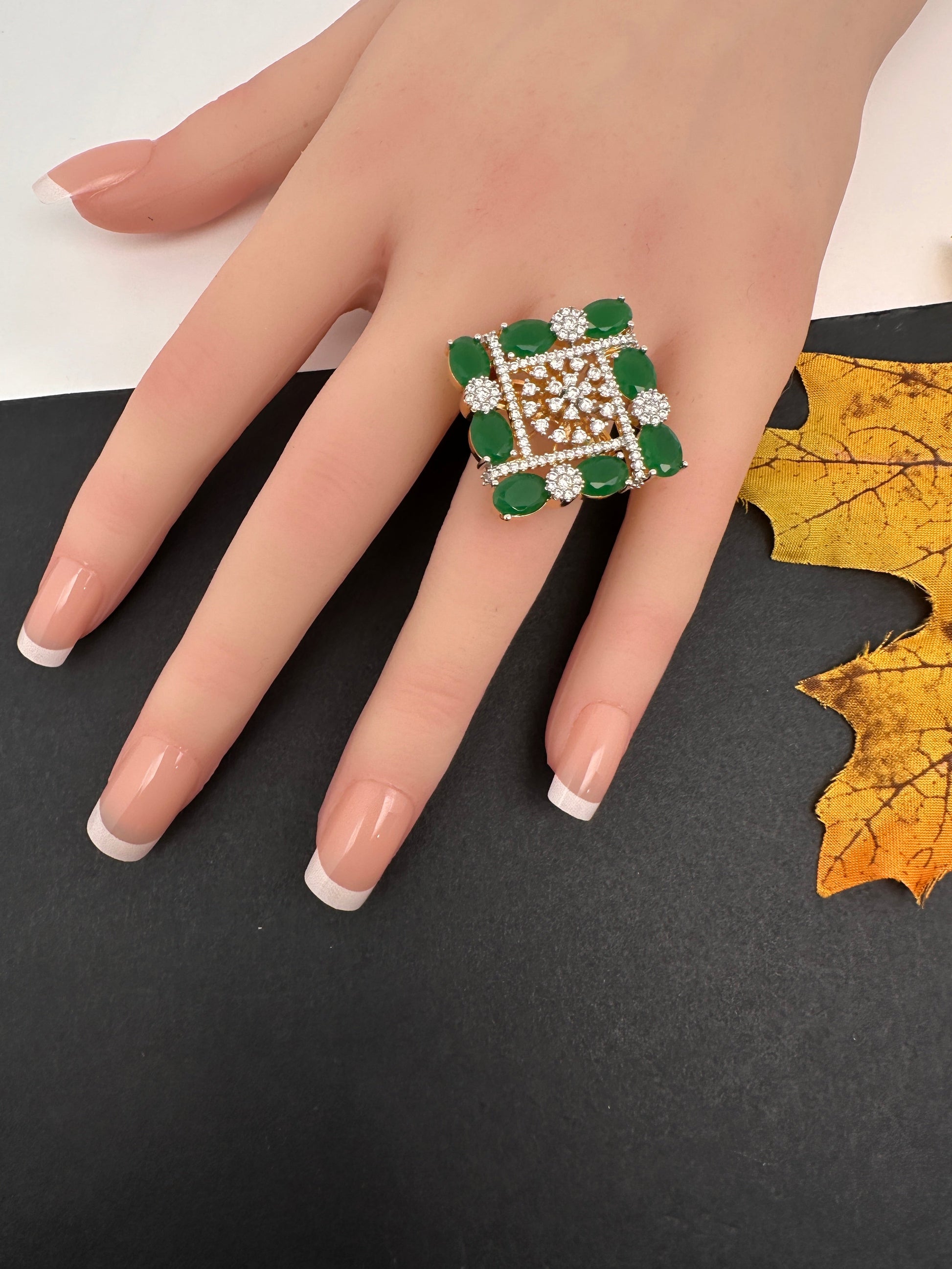 AD  Color Stone Adjustable Color Stone Cocktail Ring - Green