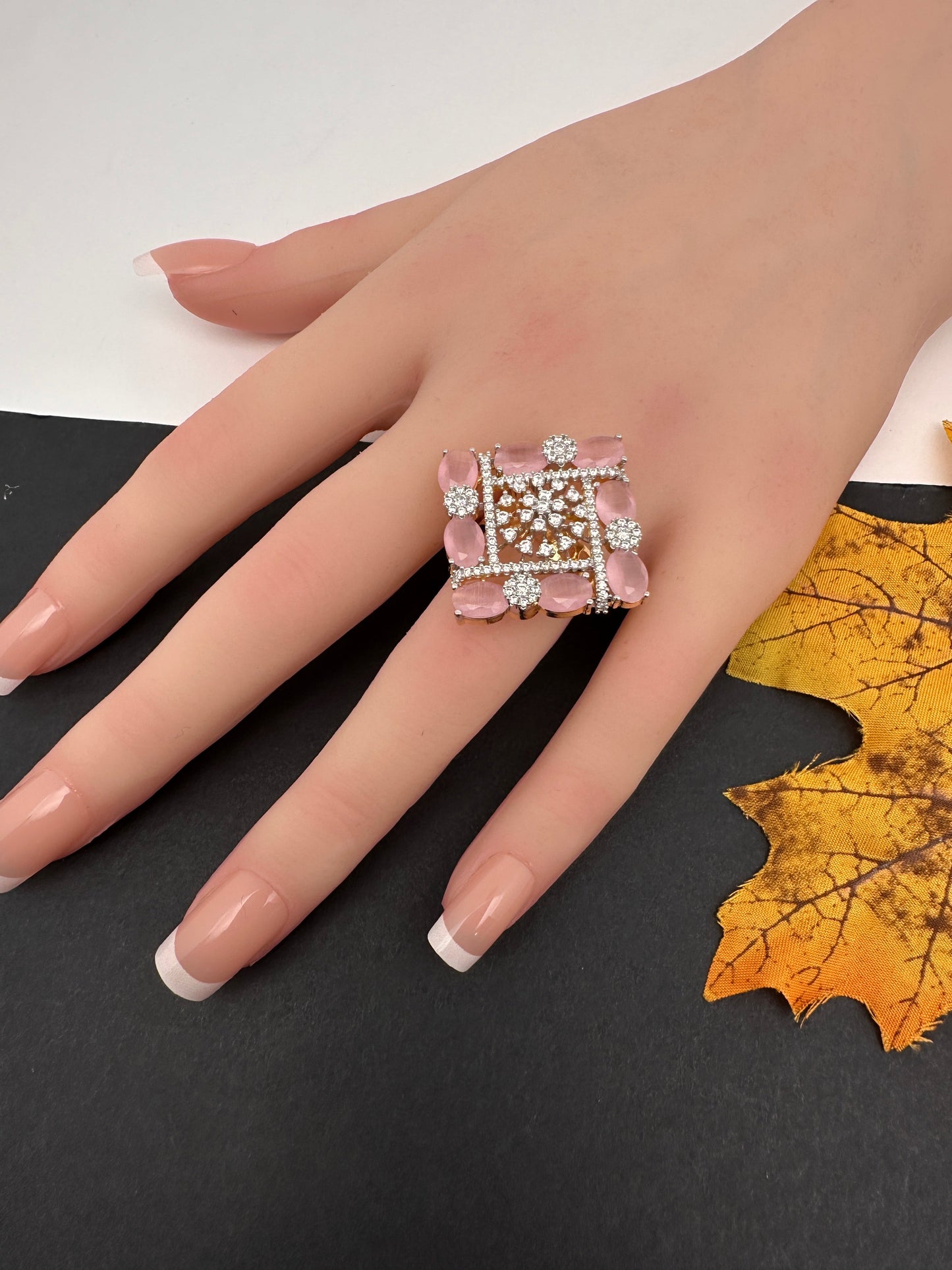 AD  Color Stone Adjustable Color Stone Cocktail Ring - Pink