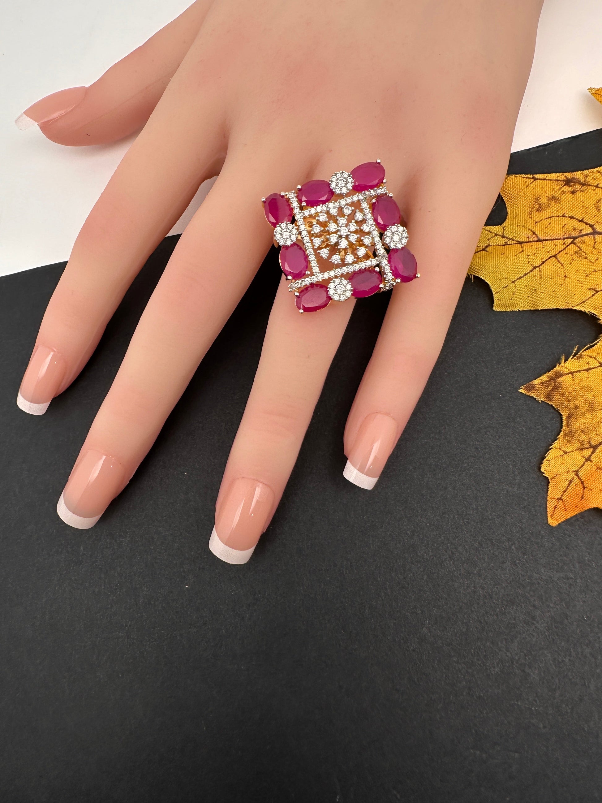 AD  Color Stone Adjustable Color Stone Cocktail Ring - Red