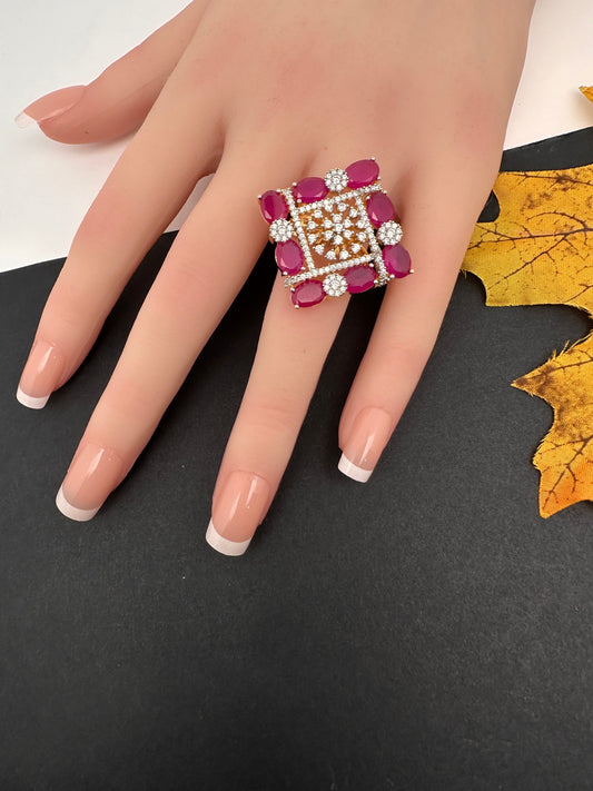 AD  Color Stone Adjustable Color Stone Cocktail Ring - Red