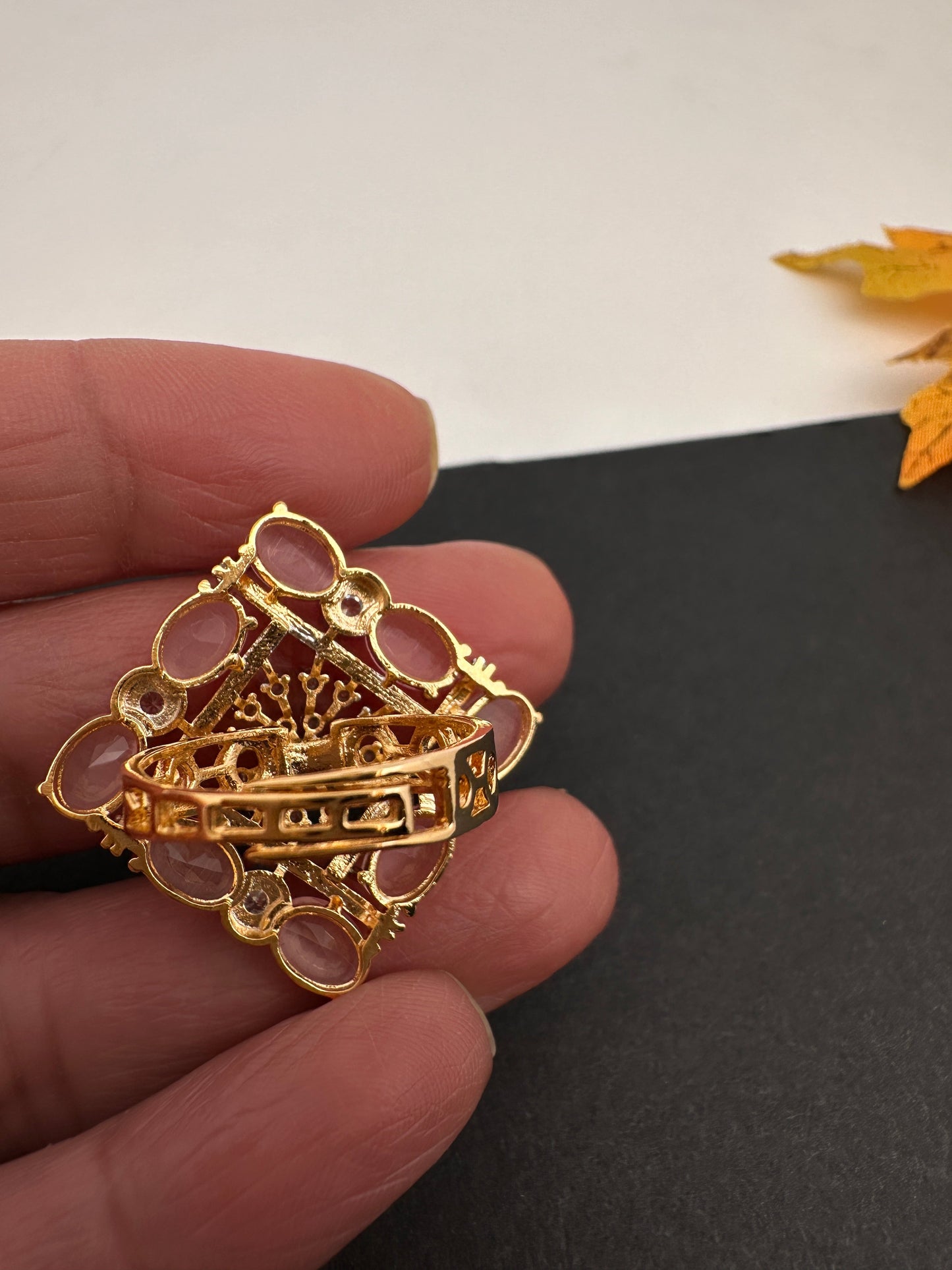 AD  Color Stone Adjustable Color Stone Cocktail Ring - Pink