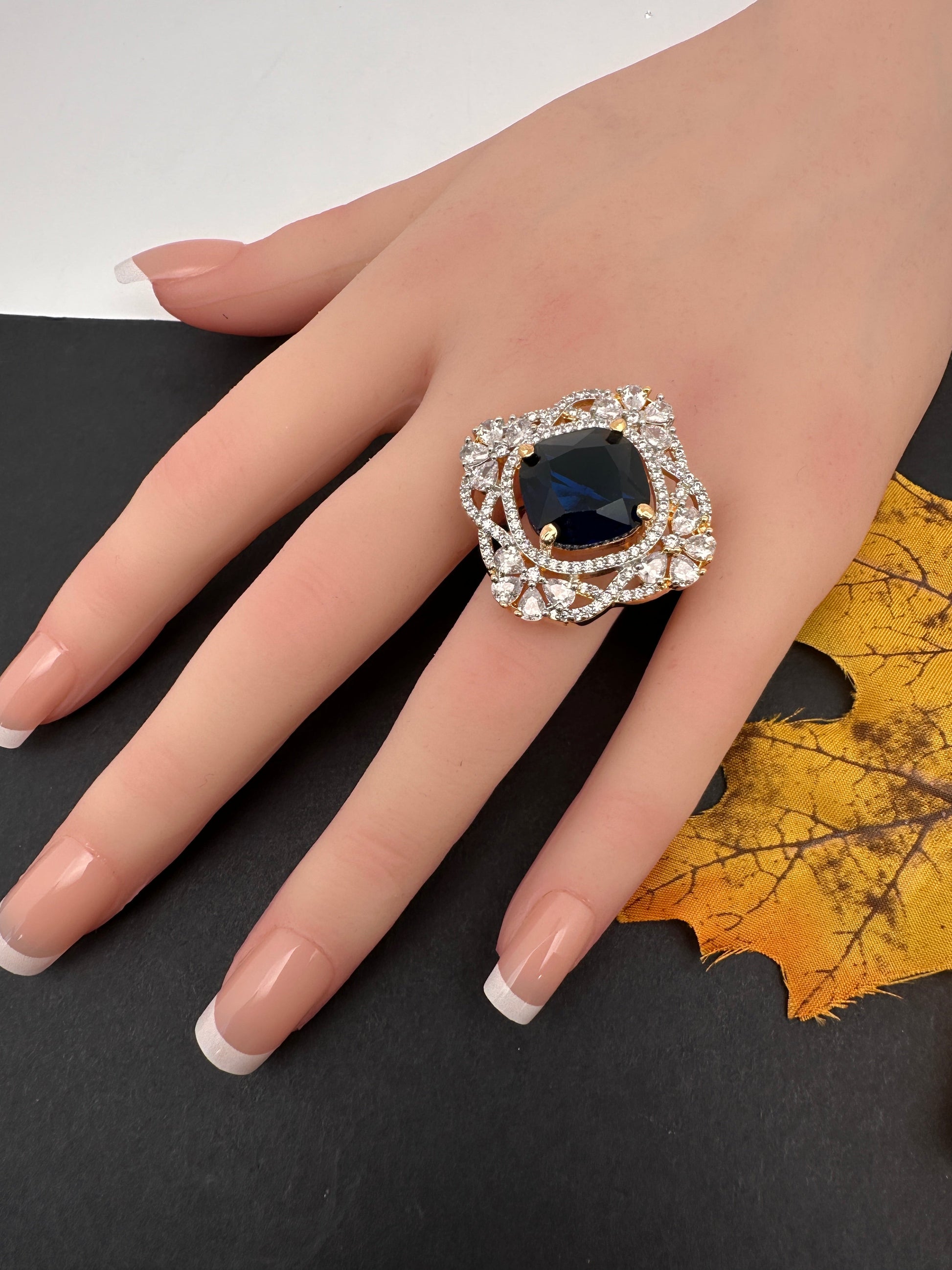 AD  Color Stone Adjustable Color Stone Cocktail Ring - Blue