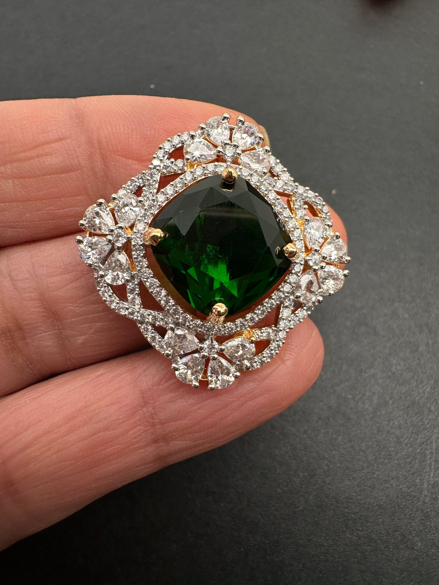 AD  Color Stone Adjustable Color Stone Cocktail Ring - Green