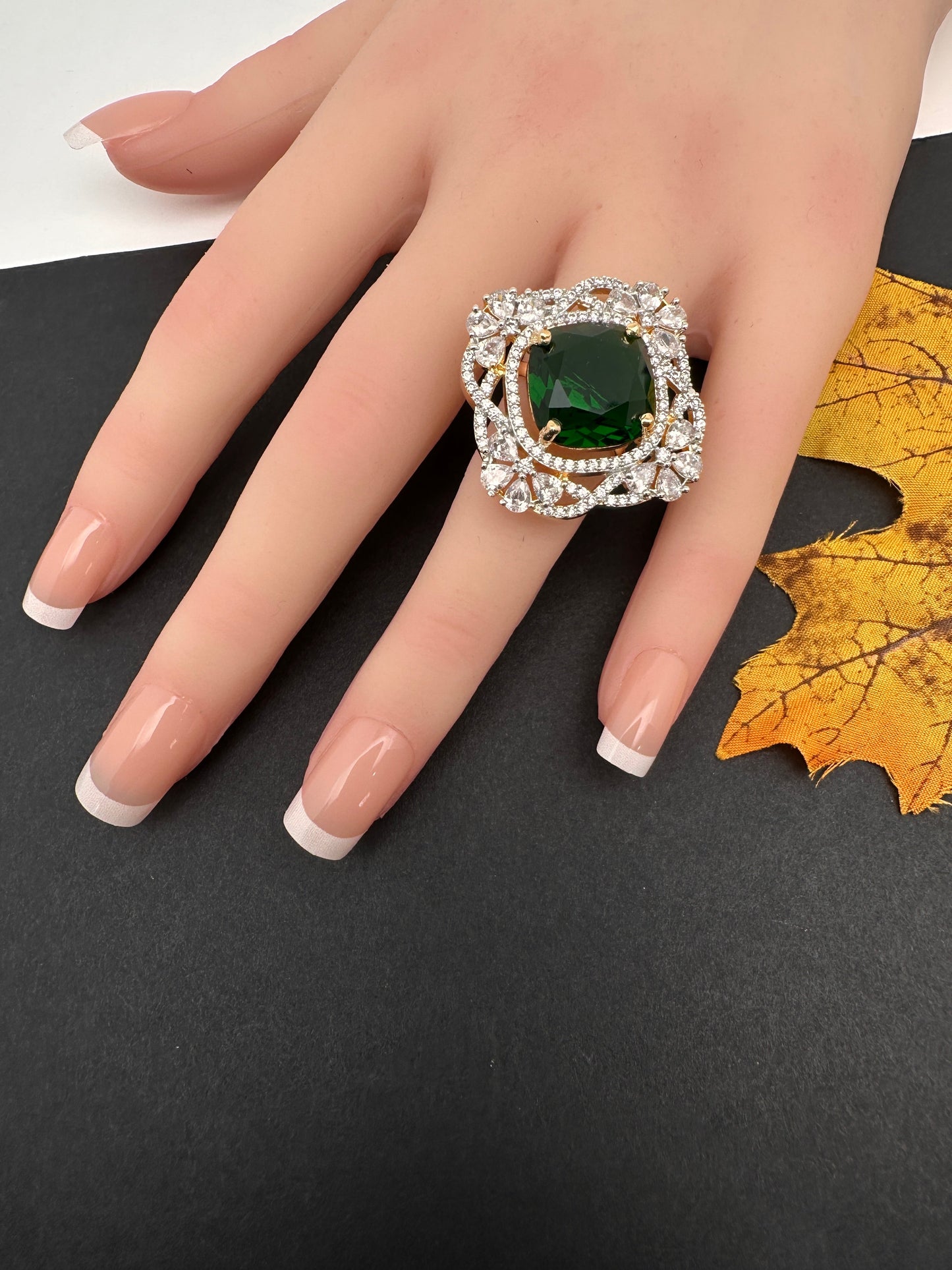 AD  Color Stone Adjustable Color Stone Cocktail Ring - Green