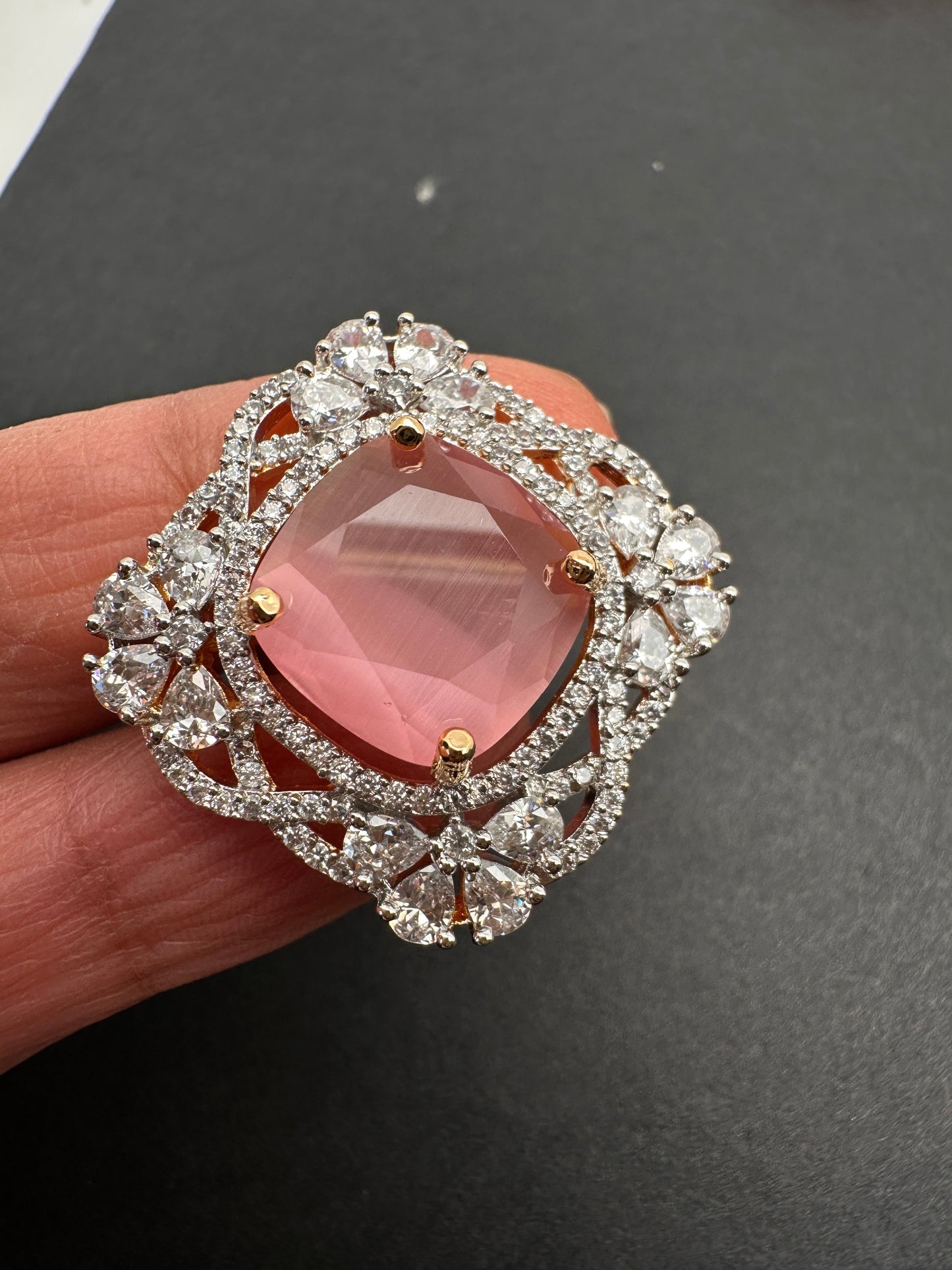 AD  Color Stone Adjustable Color Stone Cocktail Ring - Pink