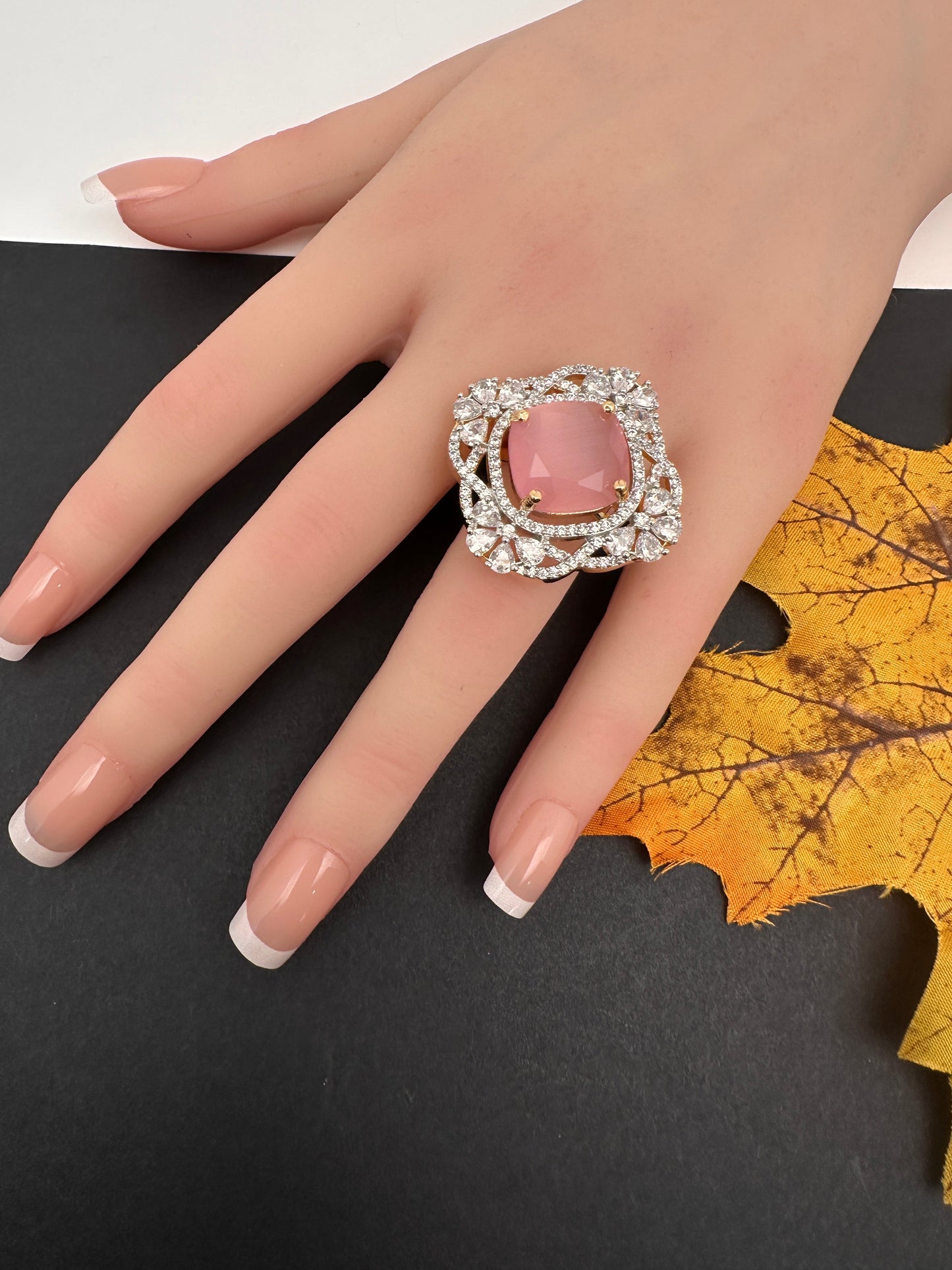 AD  Color Stone Adjustable Color Stone Cocktail Ring - Pink