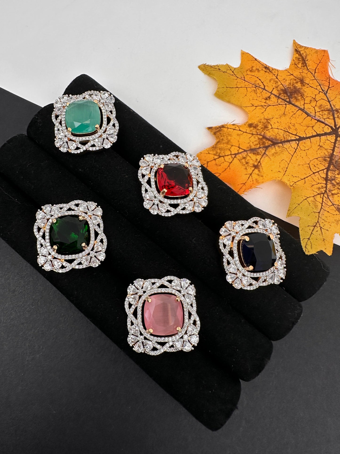 AD  Color Stone Adjustable Color Stone Cocktail Ring - Red