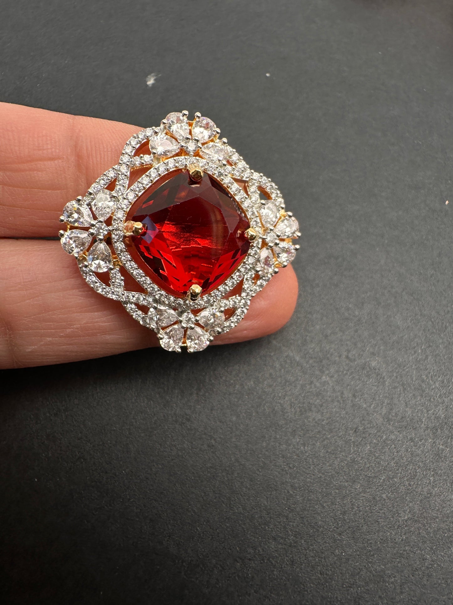 AD  Color Stone Adjustable Color Stone Cocktail Ring - Red