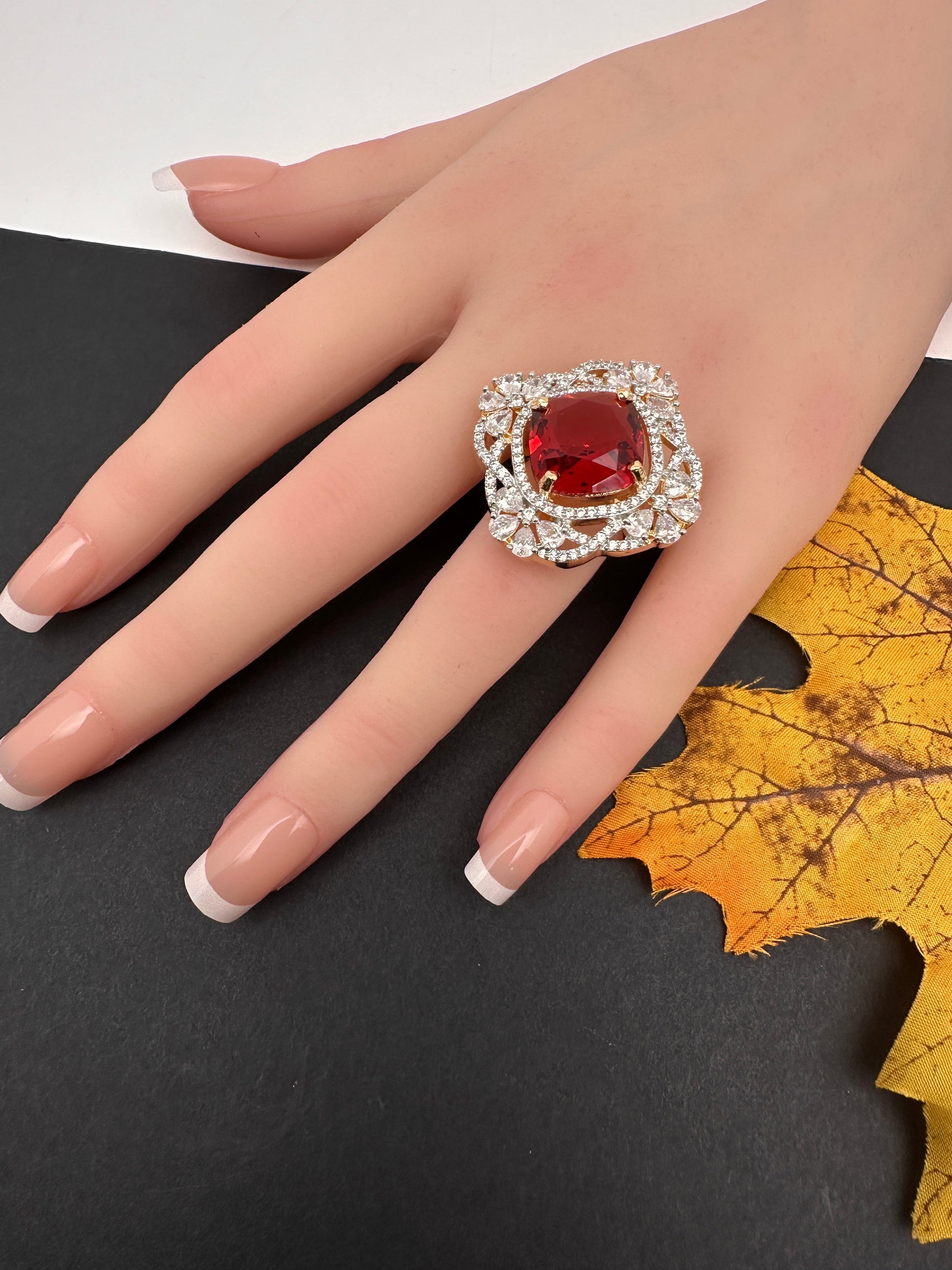 AD  Color Stone Adjustable Color Stone Cocktail Ring - Red