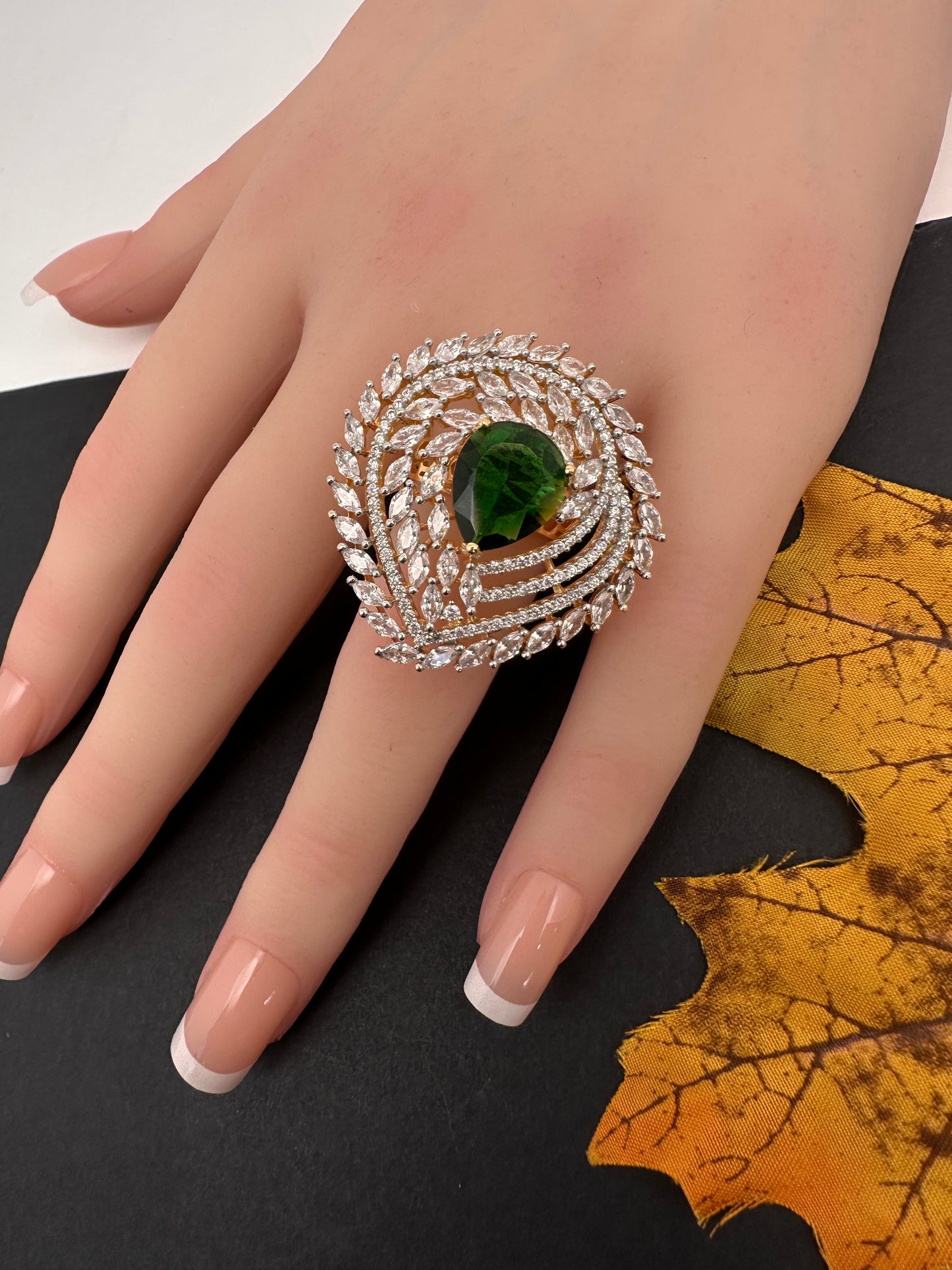 AD  Color Stone Adjustable Color Stone Cocktail Ring - Green
