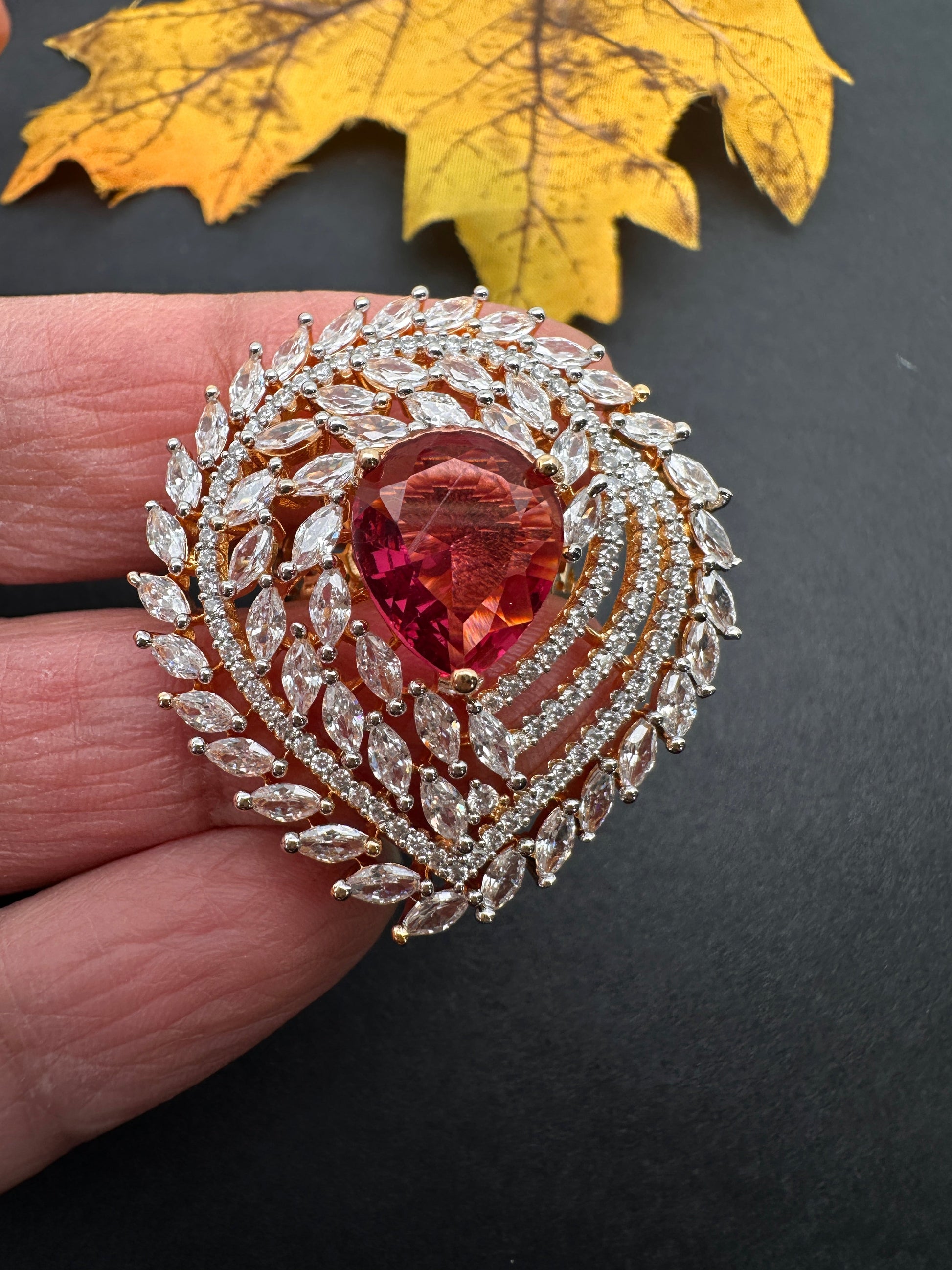 AD  Color Stone Adjustable Color Stone Cocktail Ring - Red