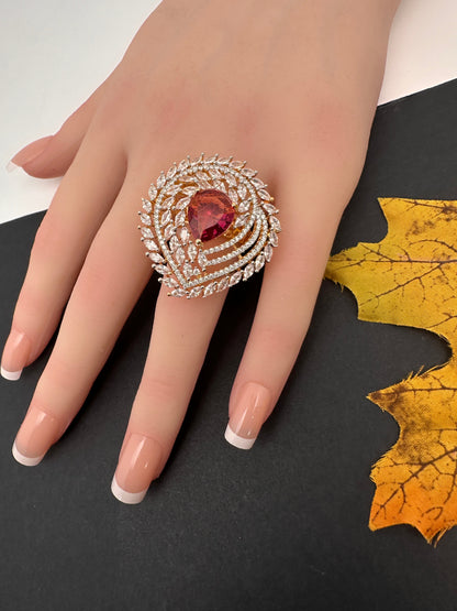 AD  Color Stone Adjustable Color Stone Cocktail Ring - Red