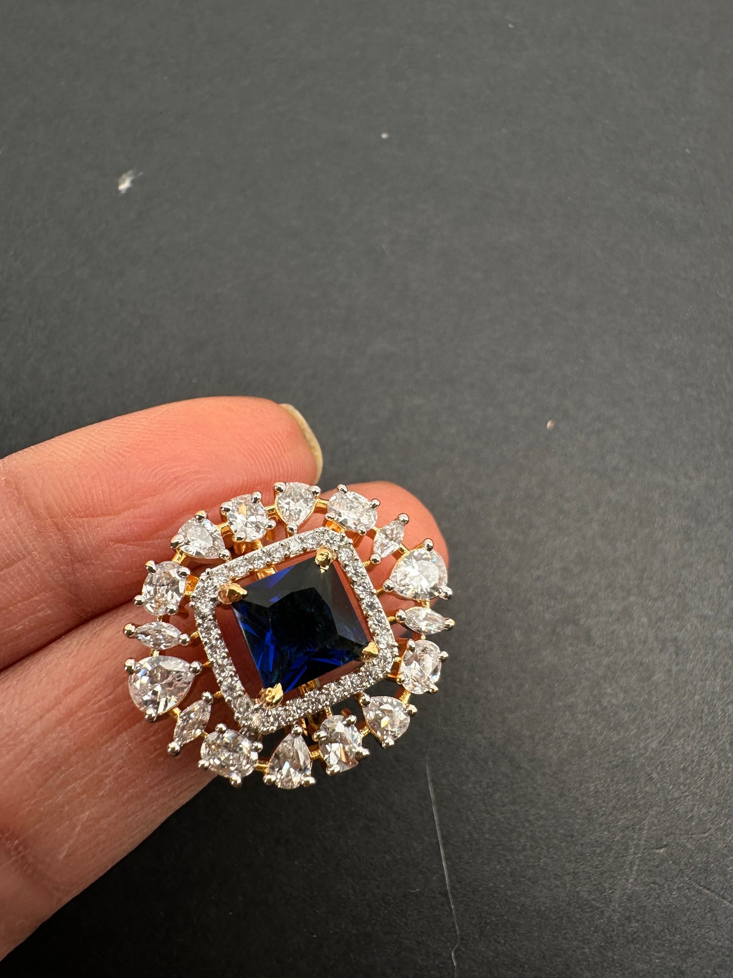 AD  Color Stone Adjustable Color Stone Cocktail Ring - Blue