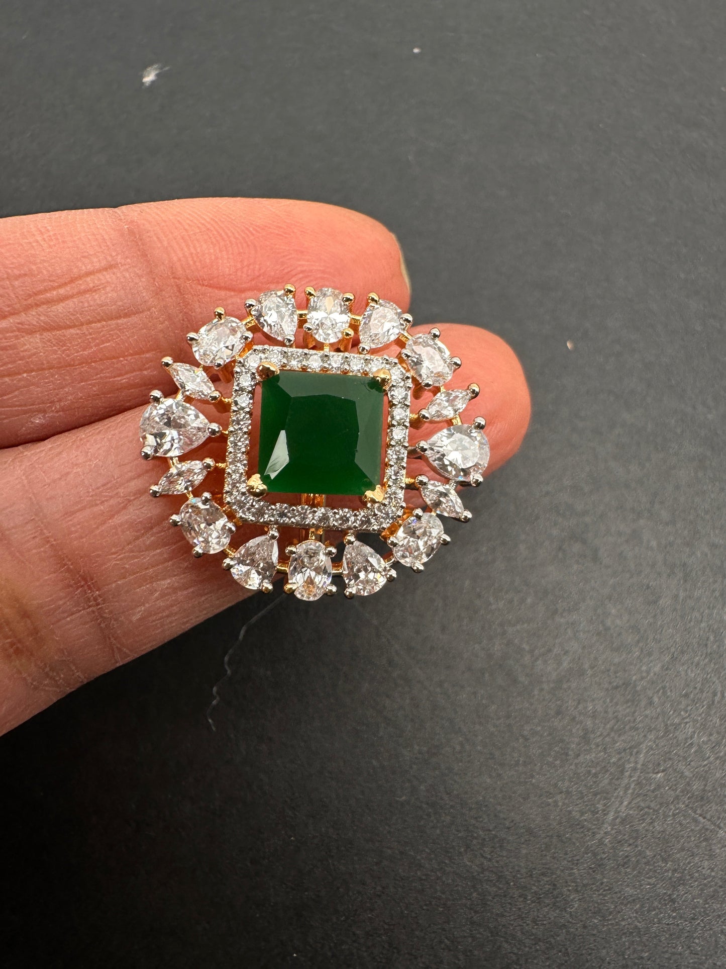 AD  Color Stone Adjustable Color Stone Cocktail Ring - Green