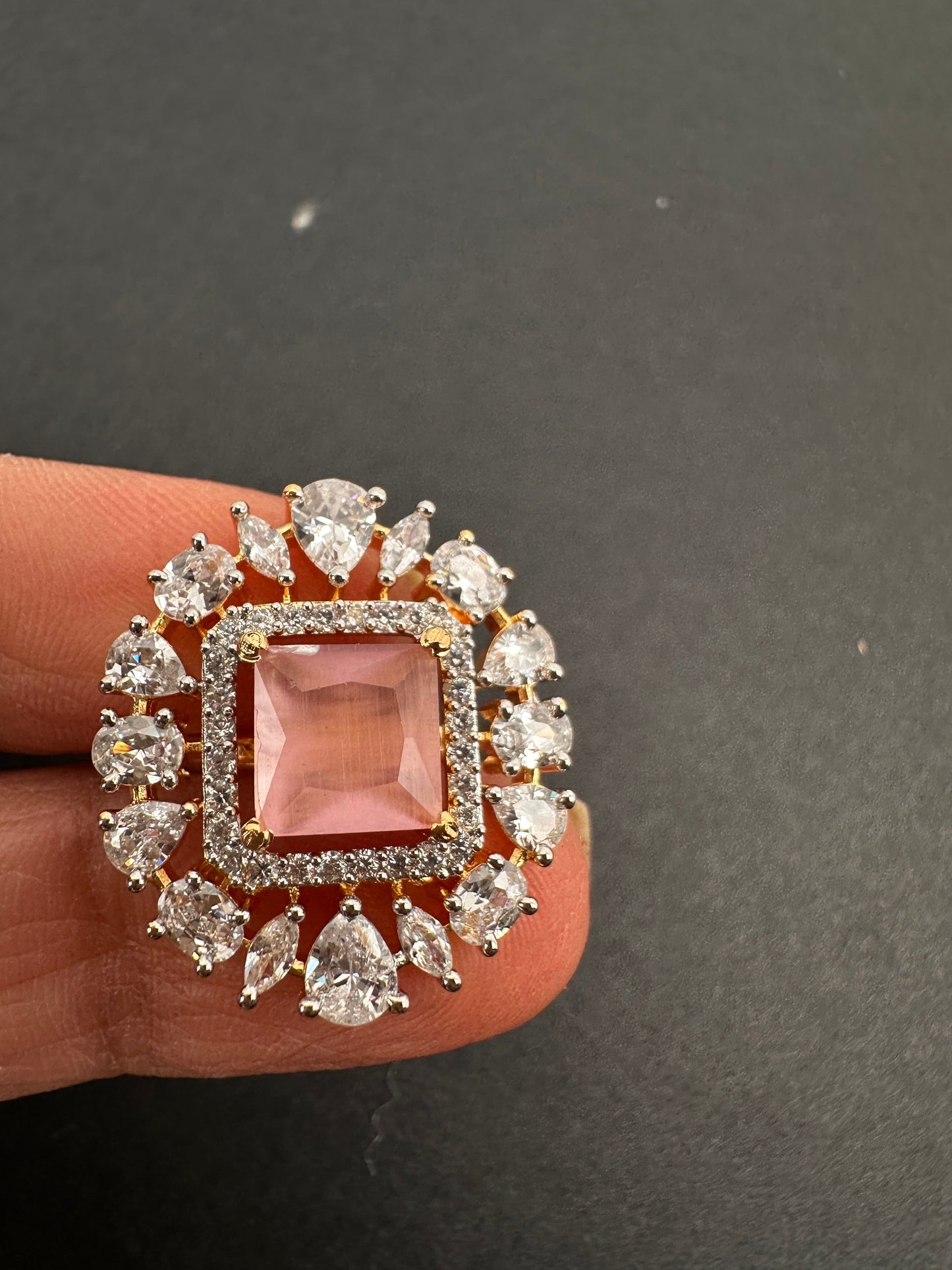 AD  Color Stone Adjustable Color Stone Cocktail Ring - Pink