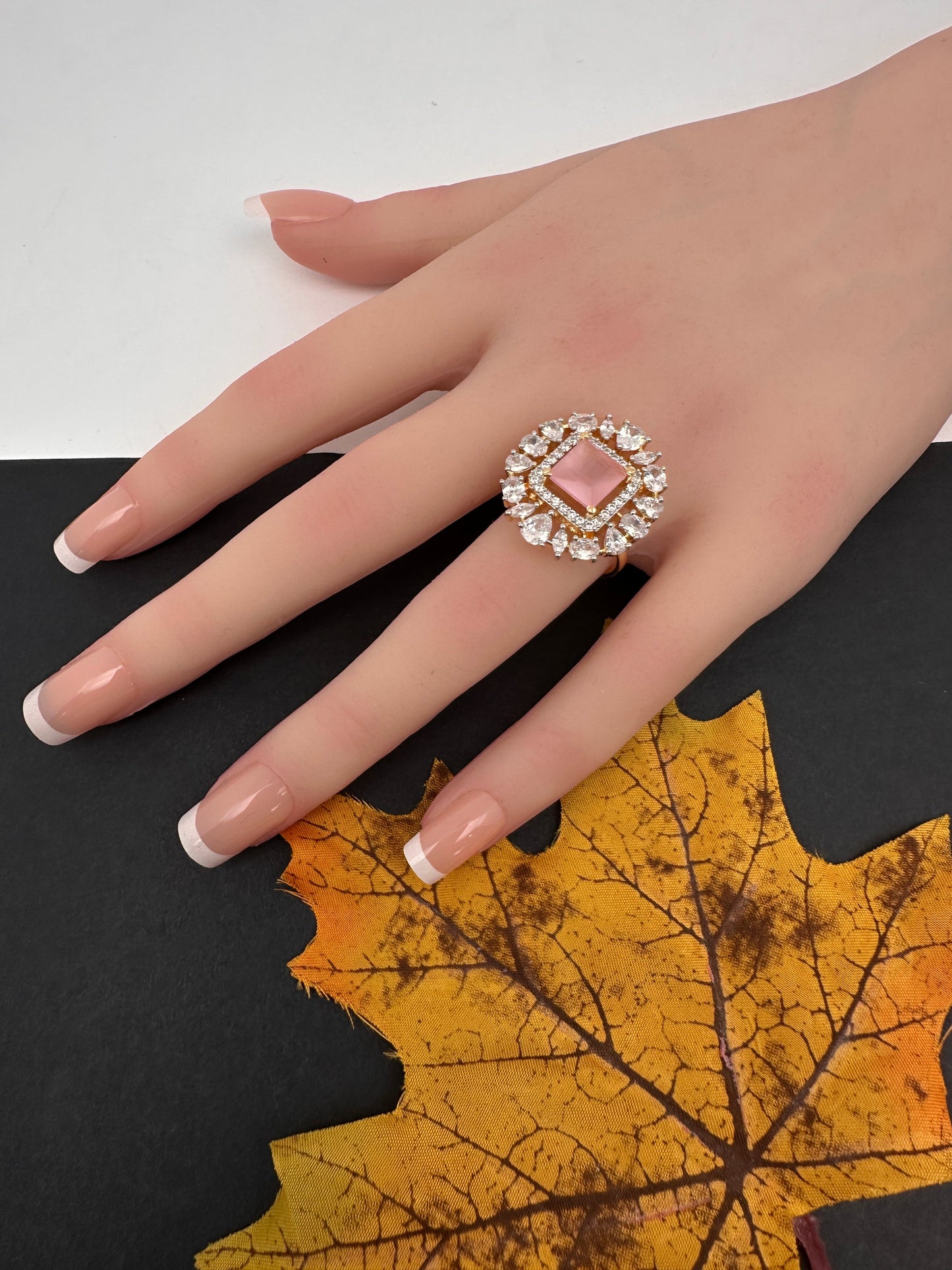 AD  Color Stone Adjustable Color Stone Cocktail Ring - Pink