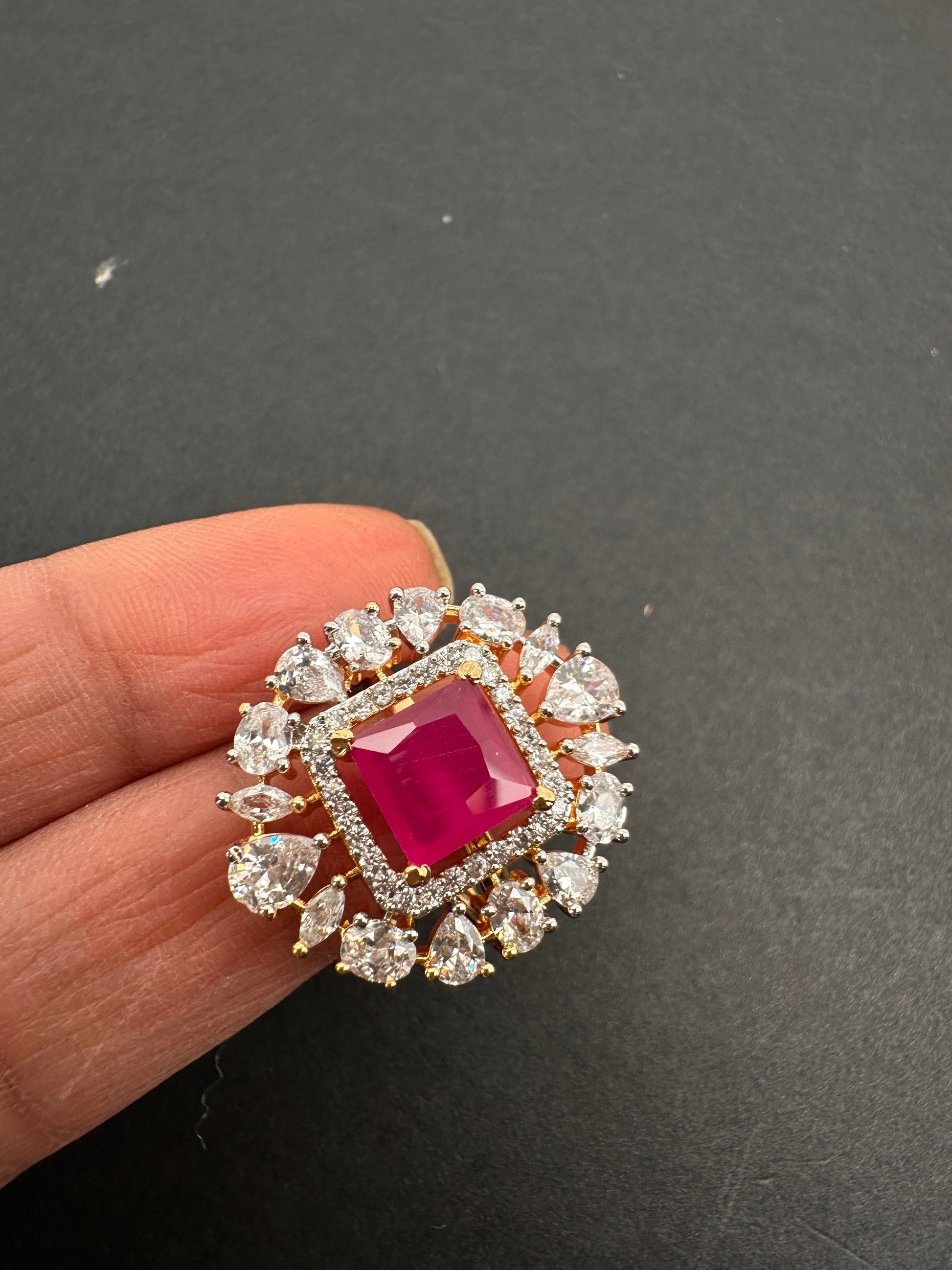 AD  Color Stone Adjustable Color Stone Cocktail Ring - Red