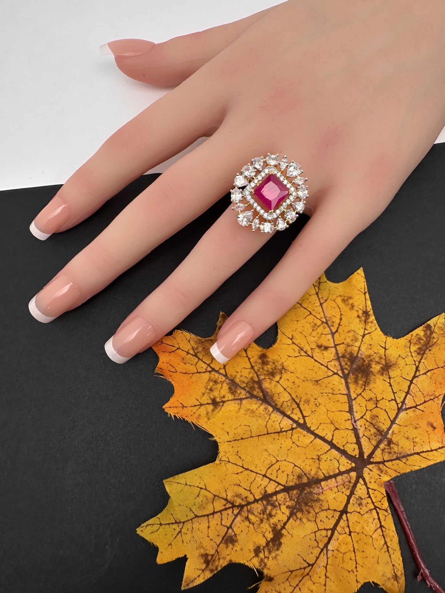 AD  Color Stone Adjustable Color Stone Cocktail Ring - Red