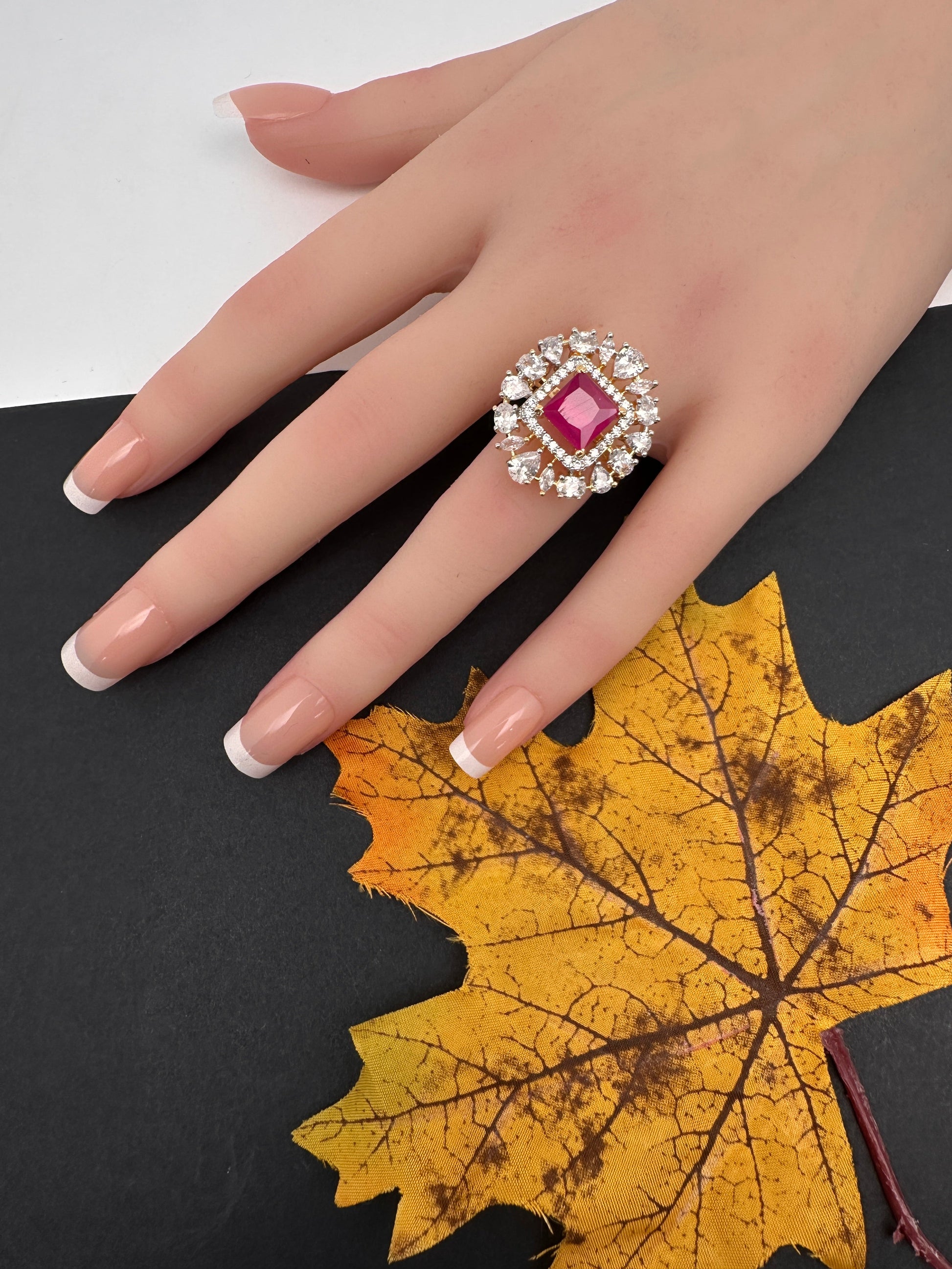 AD  Color Stone Adjustable Color Stone Cocktail Ring - Red