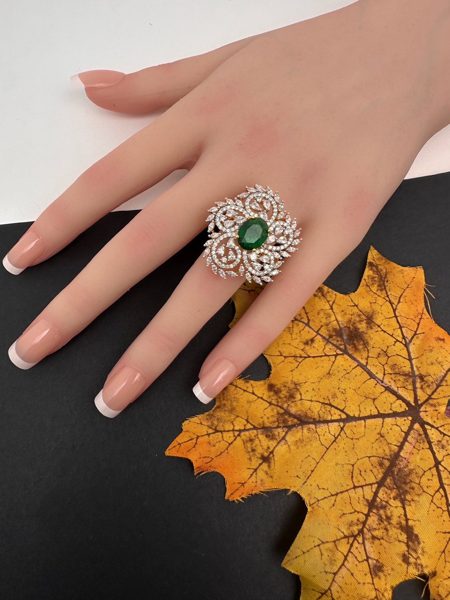 AD  Color Stone Adjustable Color Stone Cocktail Ring - Green